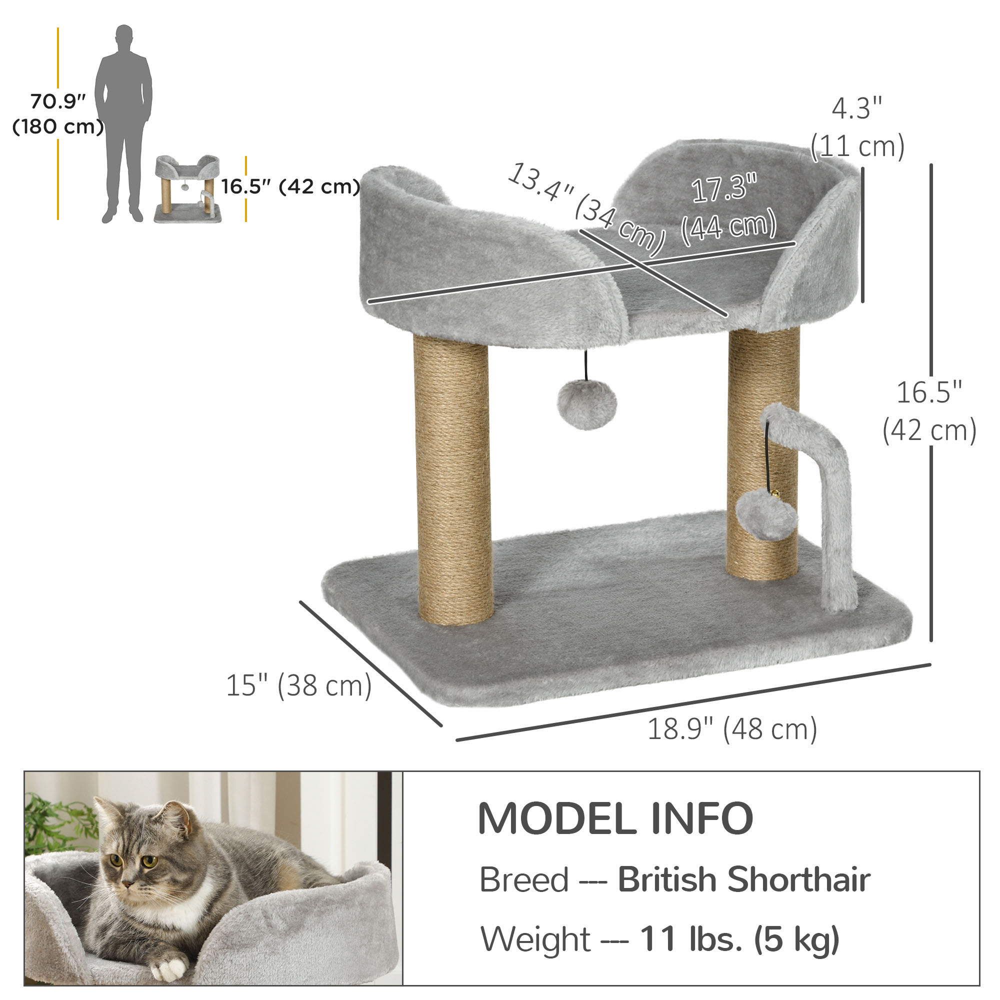 Cat Tower Condo for Indoor Cats, Small Cat Tree with Jute Scratching Posts, Top Perch, Dangling Balls, Light Grey