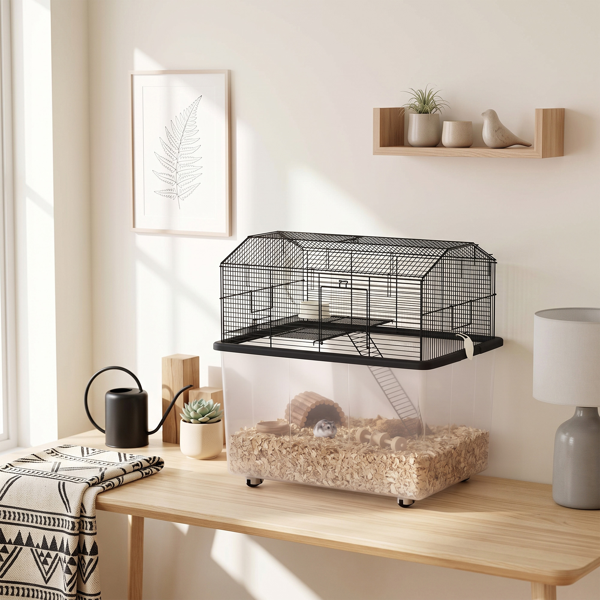 Hamster House Gerbil Habitat for Dwarf Hamster with Wheels, Detachable Bottom - Black