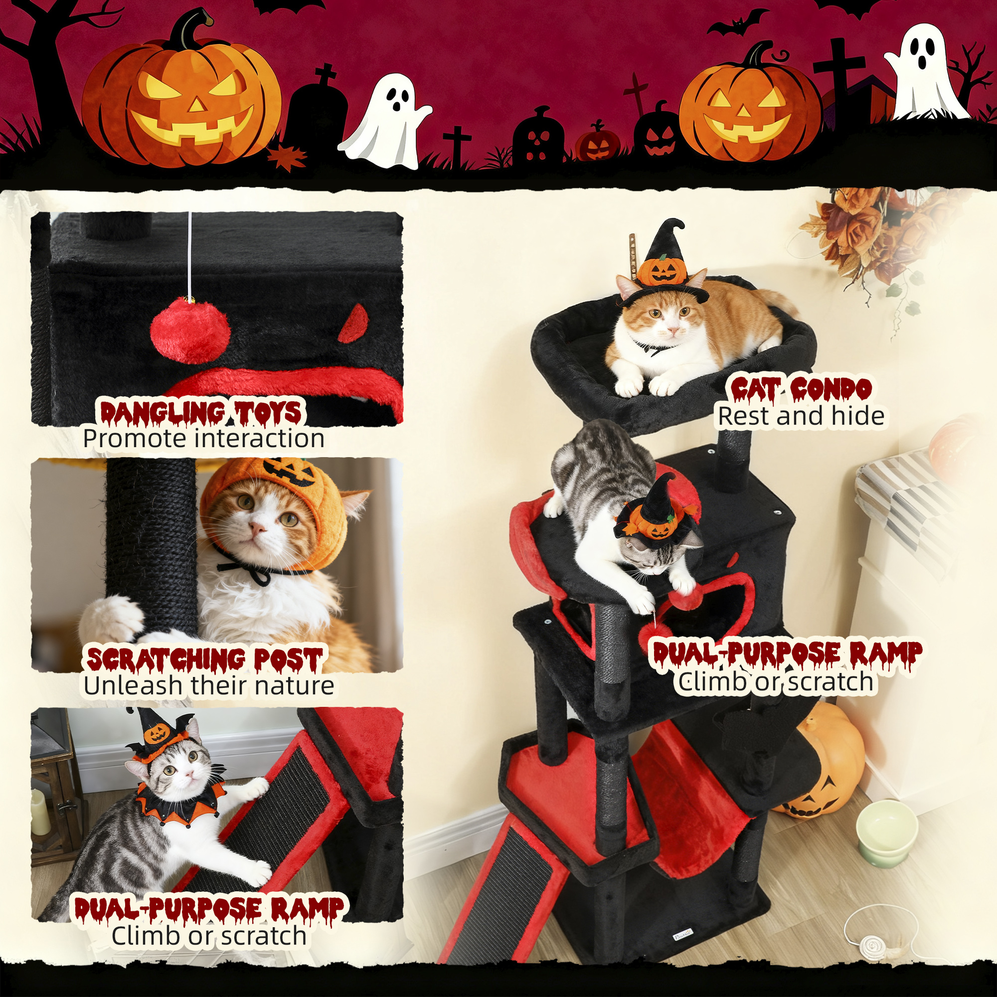 Gothic Cat Tree, 60" Tall Cat Tower with Coffin Bed, Sisal Scratching Posts & Ramp, Condo, Hammock, Perches, Black