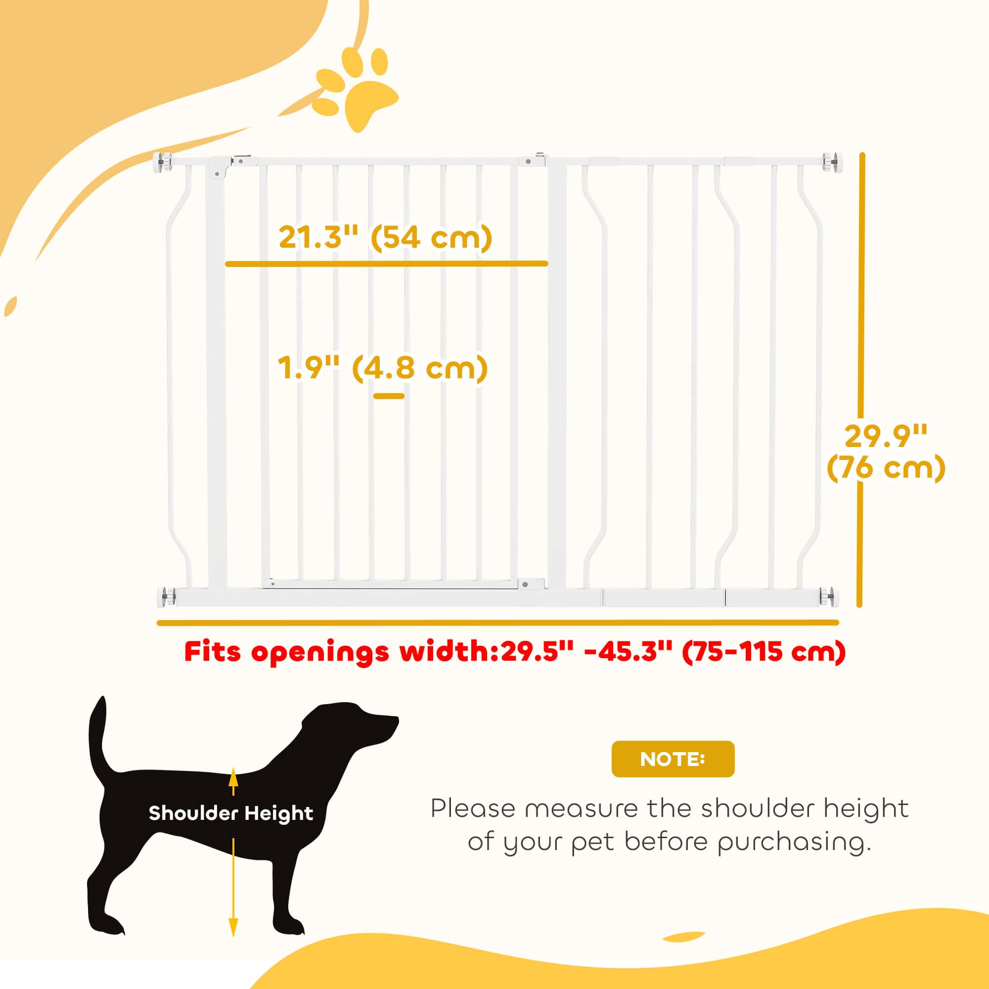 30"- 45" Easy Install Pet Gate w/ Door & Double Locking System, Extra Wide Dog Gate for Stairs, Hallways, White