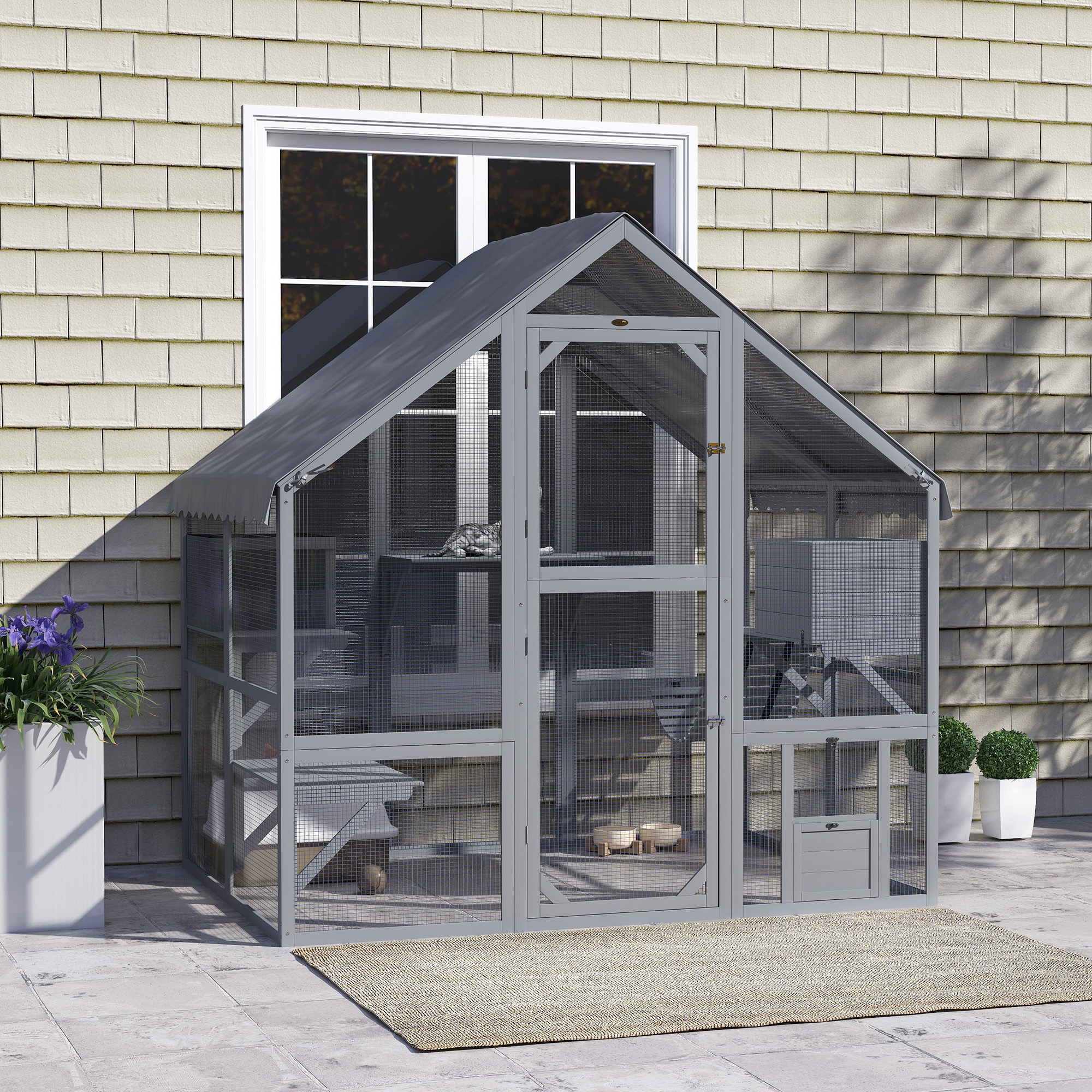 Large Catio Outdoor with Waterproof Cover, 2 Resting Boxes, 4 Platforms, Bridge, for 2-4 Kittens, Grey