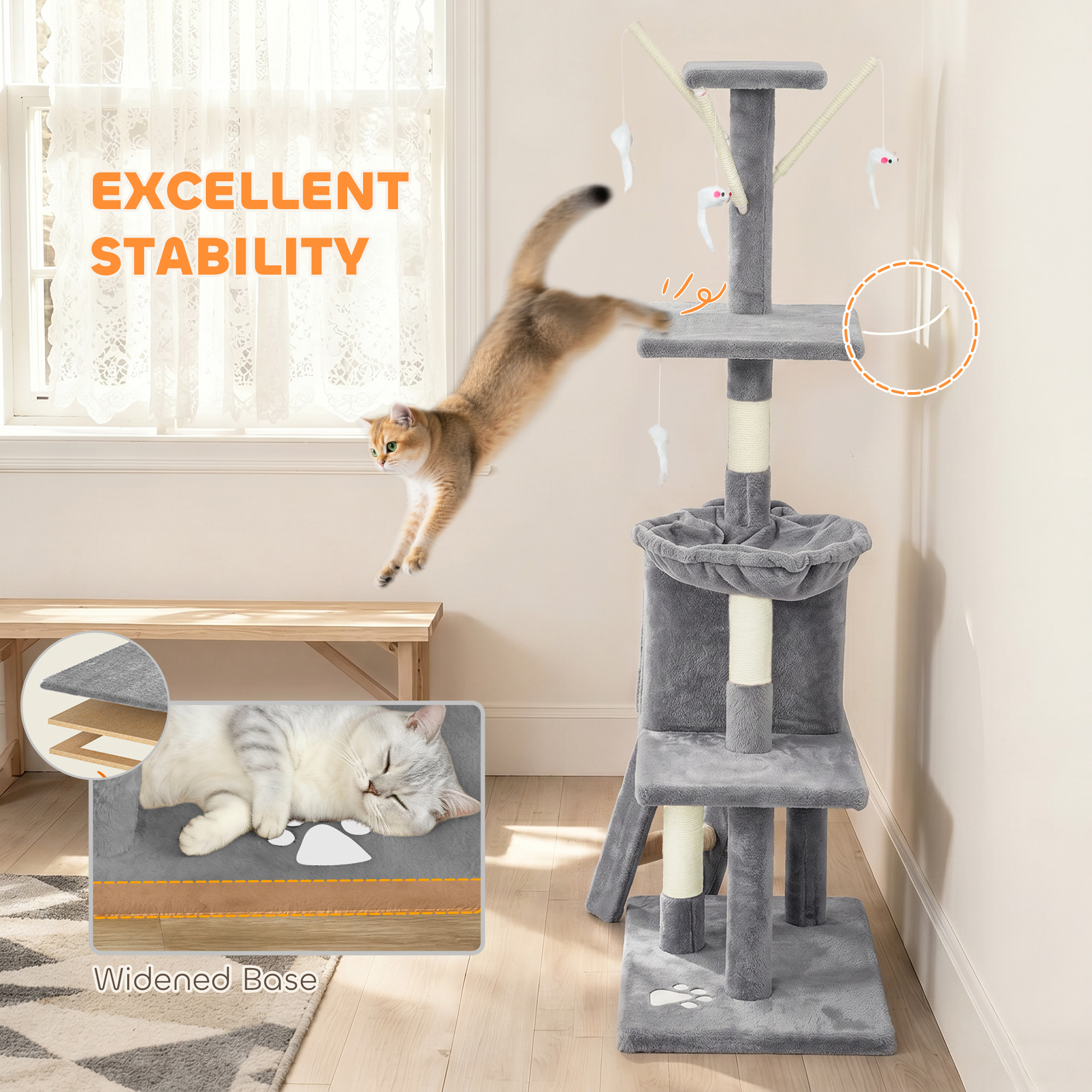 53" Cat Tree Tower, Kitten Activity Centre with Scratching Posts, Condo, Perches, Ladder, Hammock, Dangling Toys, Grey
