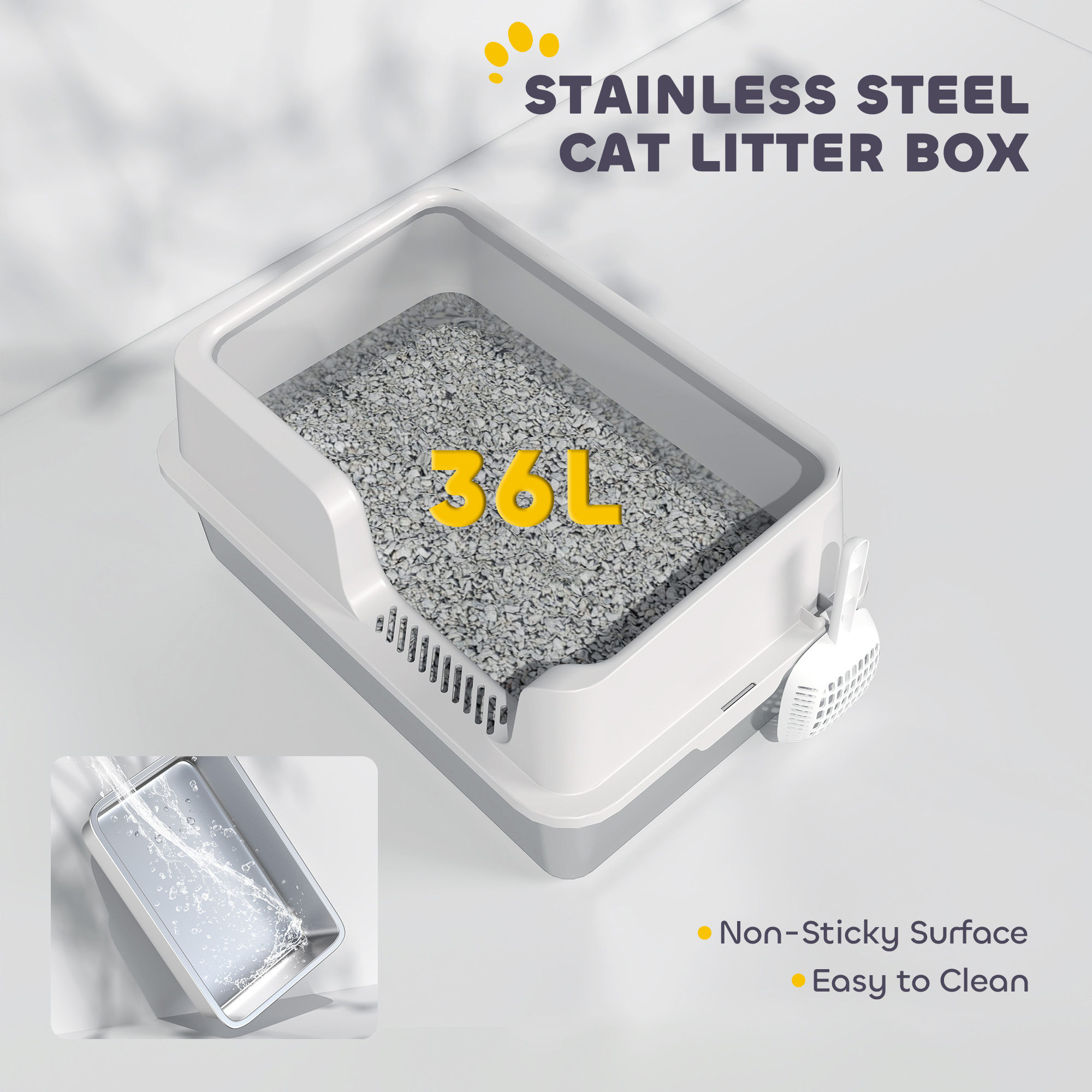 Stainless Steel Cat Litter Box with Lid with Scoop, High Sided, Non-Stick, & Anti-Urine Leakage, Easy Cleaning