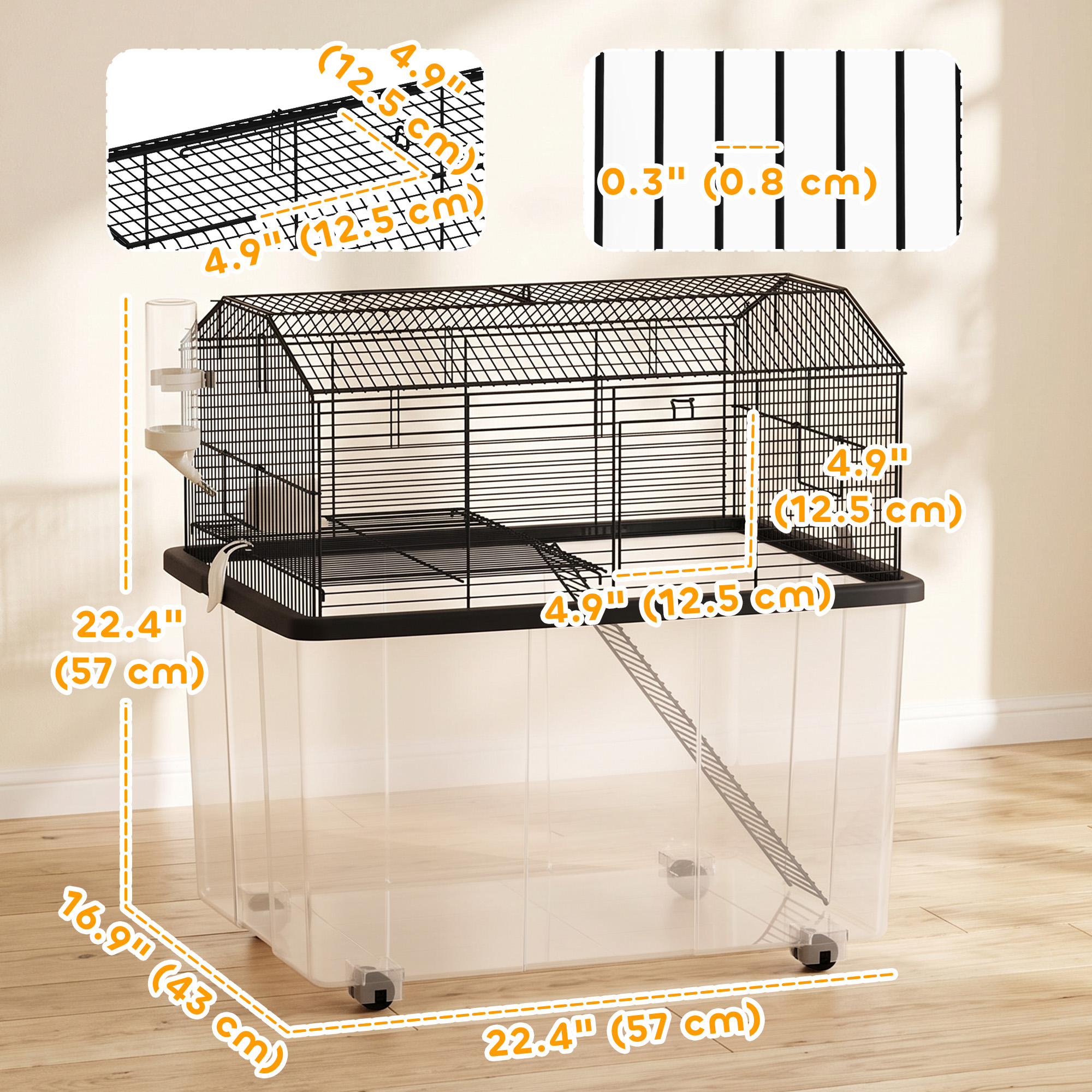 Hamster House Gerbil Habitat for Dwarf Hamster with Wheels, Detachable Bottom - Black