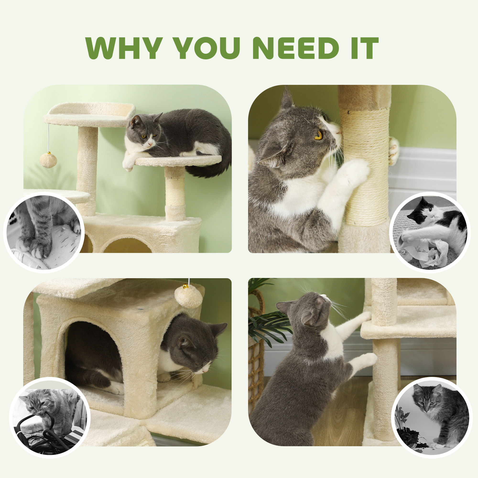 54" Cat Tree, Multi-Level Cat Tower with Scratching Posts, Cat Condos, Bed, Platforms, Ramp, Toy Ball, Beige