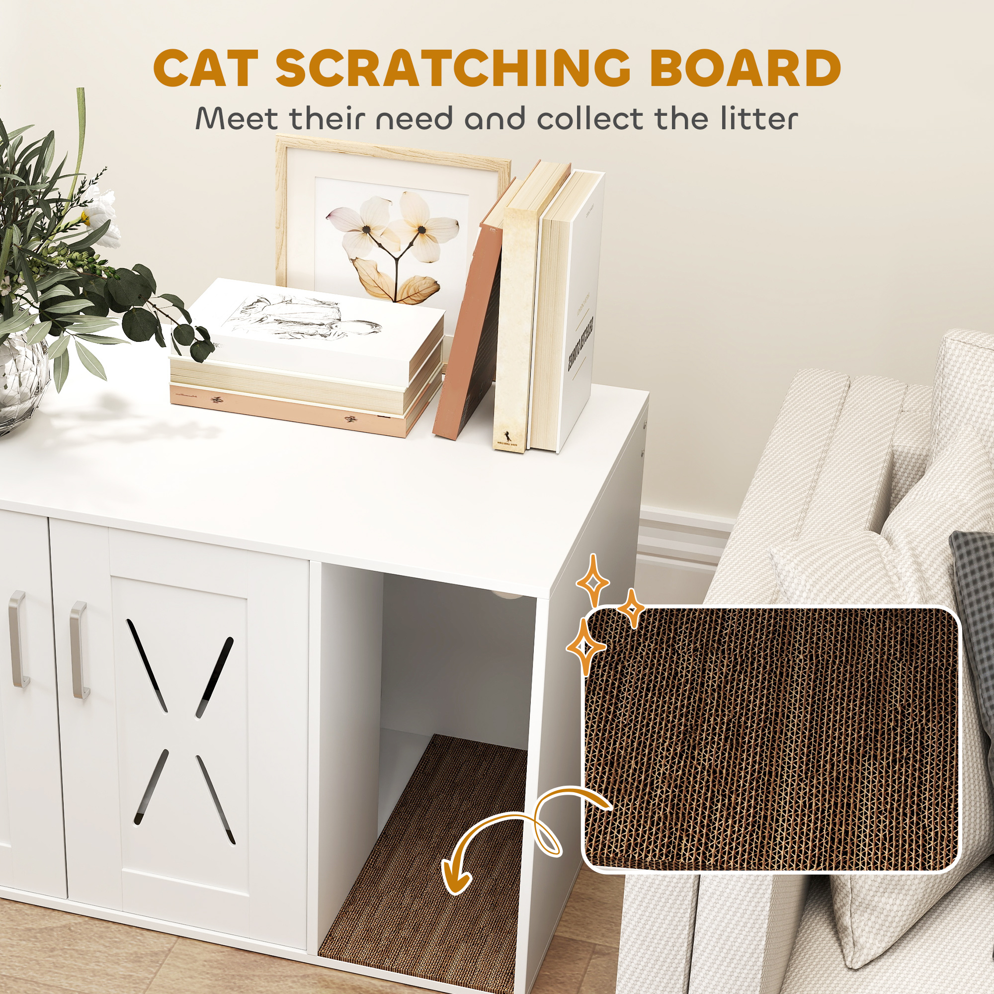 Cat Litter Box Enclosure, Hidden Cat Litter Box Furniture with Scratching Board, 31.5" x 19" x 20", White