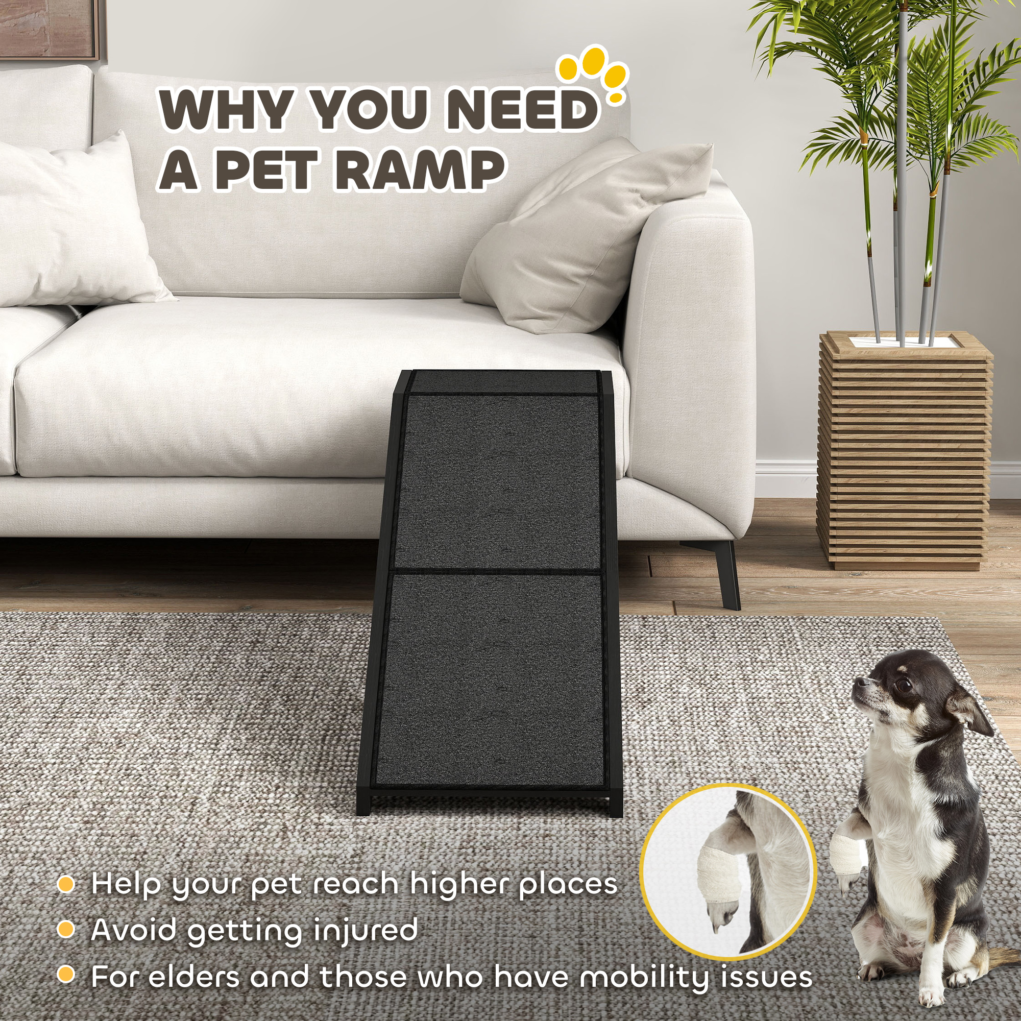 Pet Ramp Bed Steps for Dogs Cats Non-slip Carpet Top Platform Pine Wood 59"L x 16"W x 20"H Black