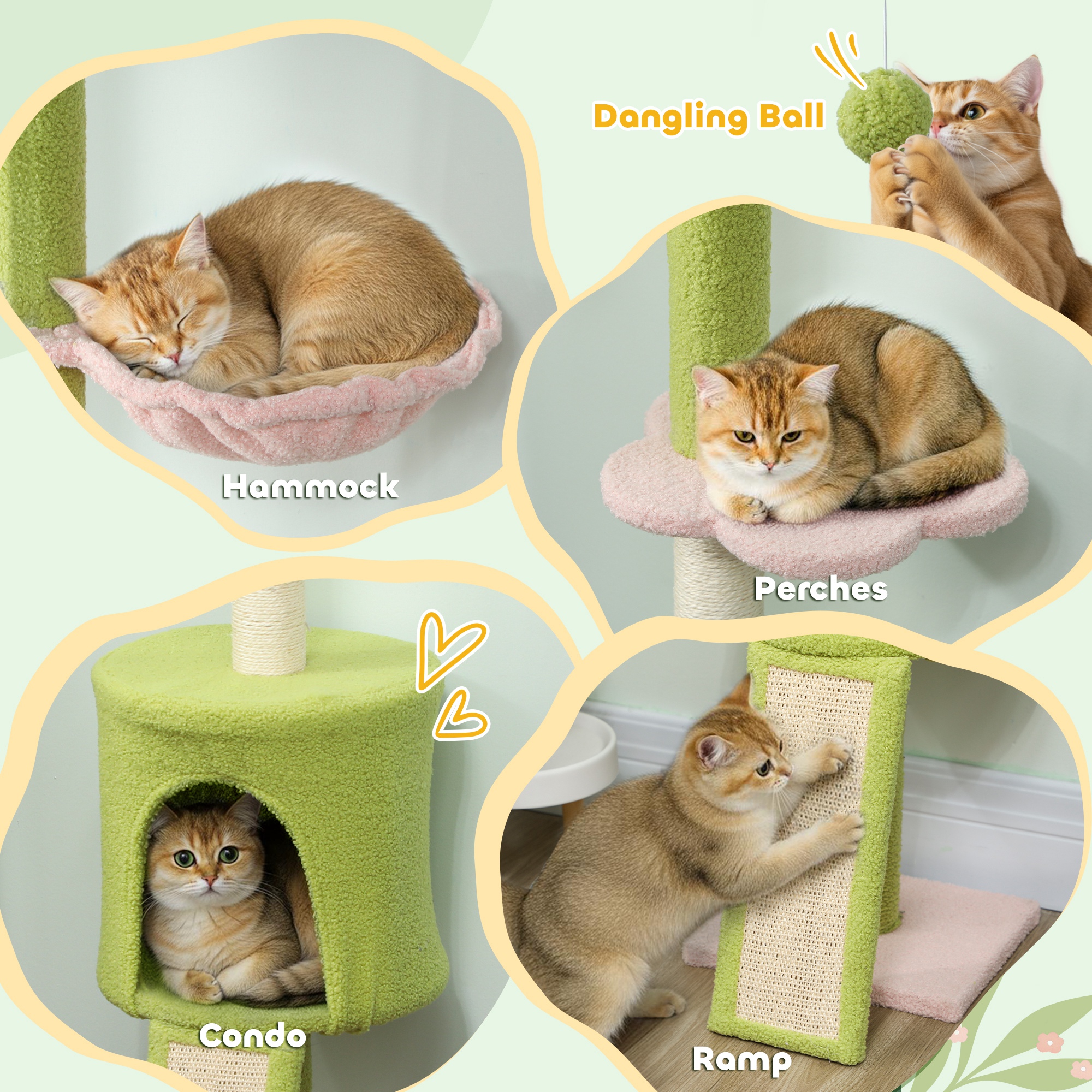 87"-94.5" Floor to Ceiling Cat Tree with Sisal Scratching Post, Condo, Hammock, Ramp, Perches, Green