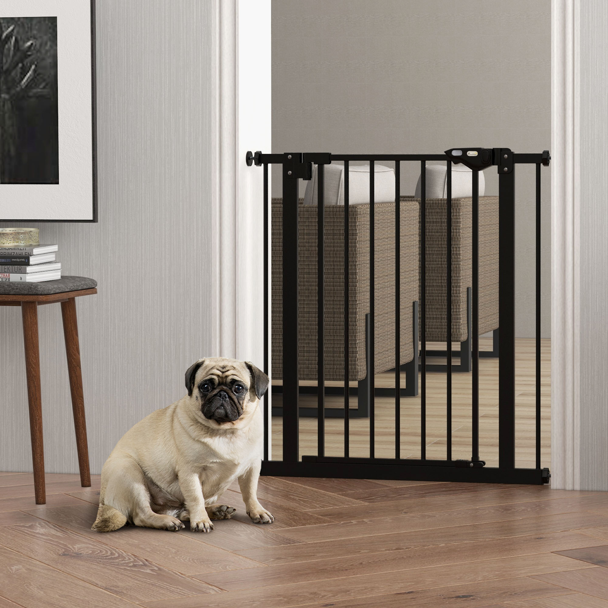 30 Inch Tall Pet Gate with Door Dog Gate and Barrier Indoor for Stairs, Pressure-Mounted Safety Gate, Black