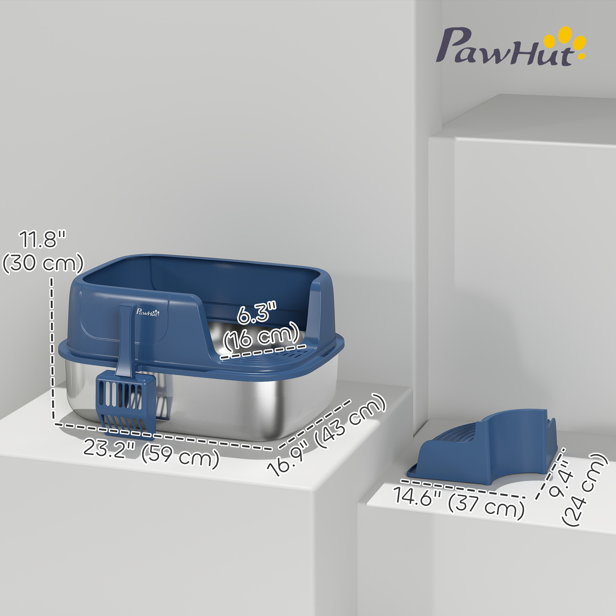 Stainless Steel Cat Litter Box, Cat Litter Box with High Side and Scoop, Anti-Leakage, Easy to Clean, Navy Blue