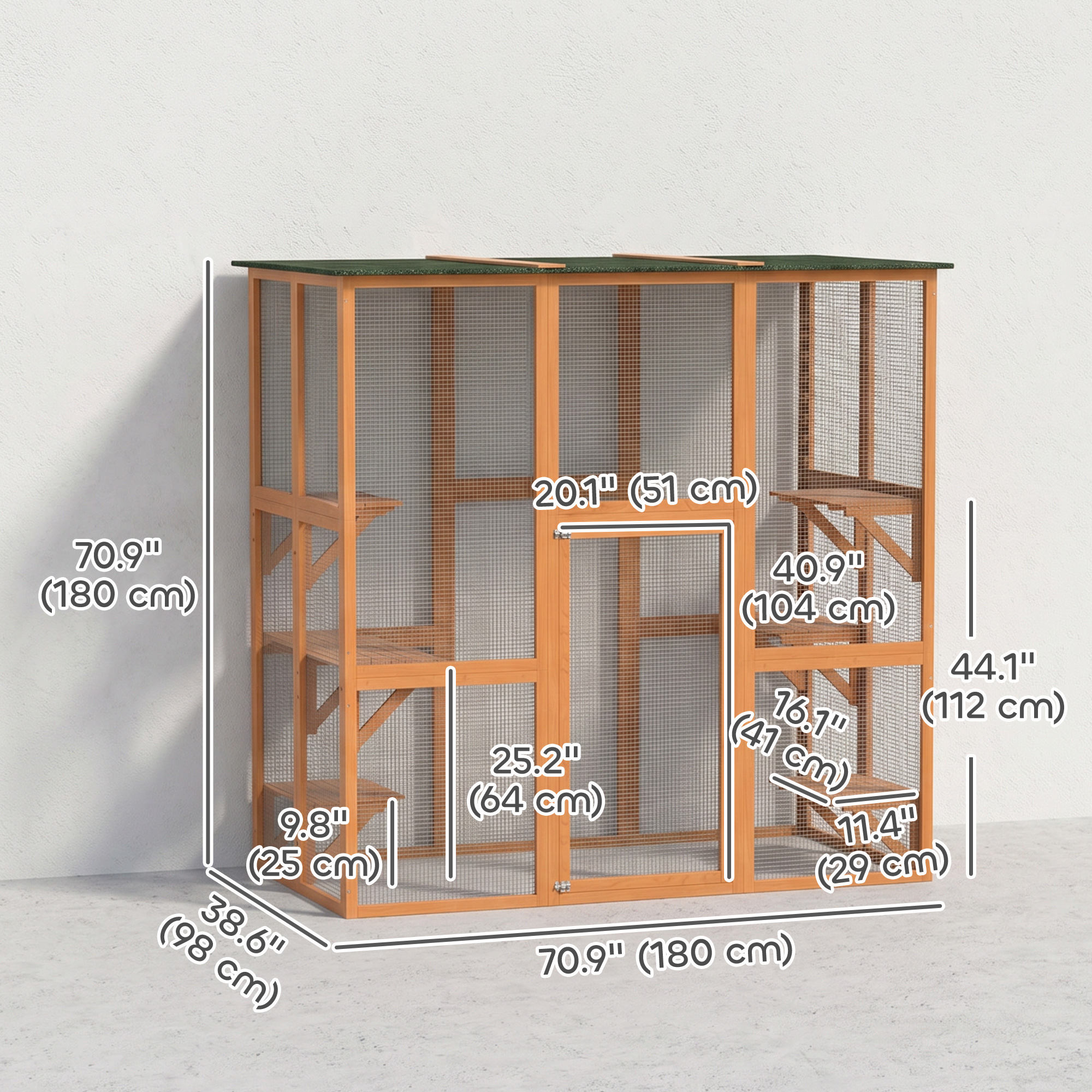 71" x 39" x 71" Cat Cage, Large Outdoor Wooden Cat Patio with 6 Balanced Platforms and Asphalt Roof, Orange