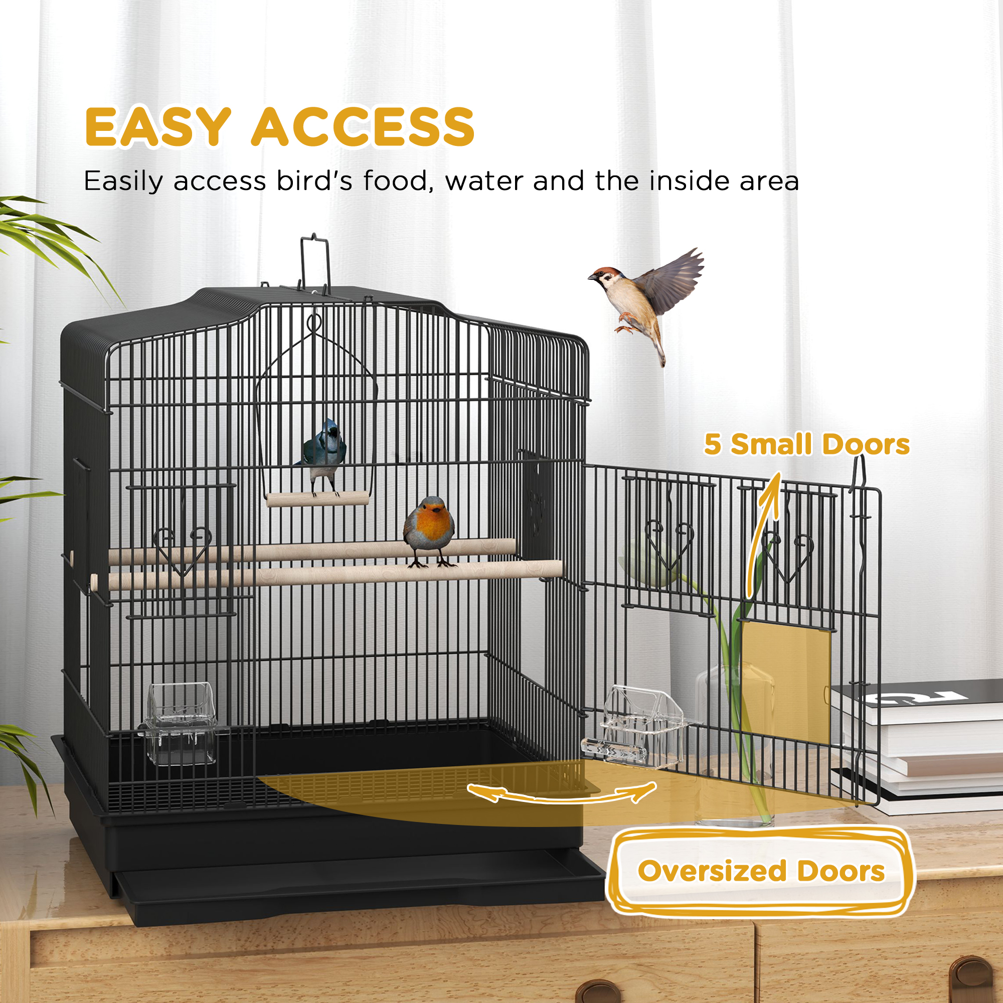 23" Bird Cage, Finches Canaries, Parrot Cage with Doors Perches, 2 Feeder Pet Supplies, Black - Image 4