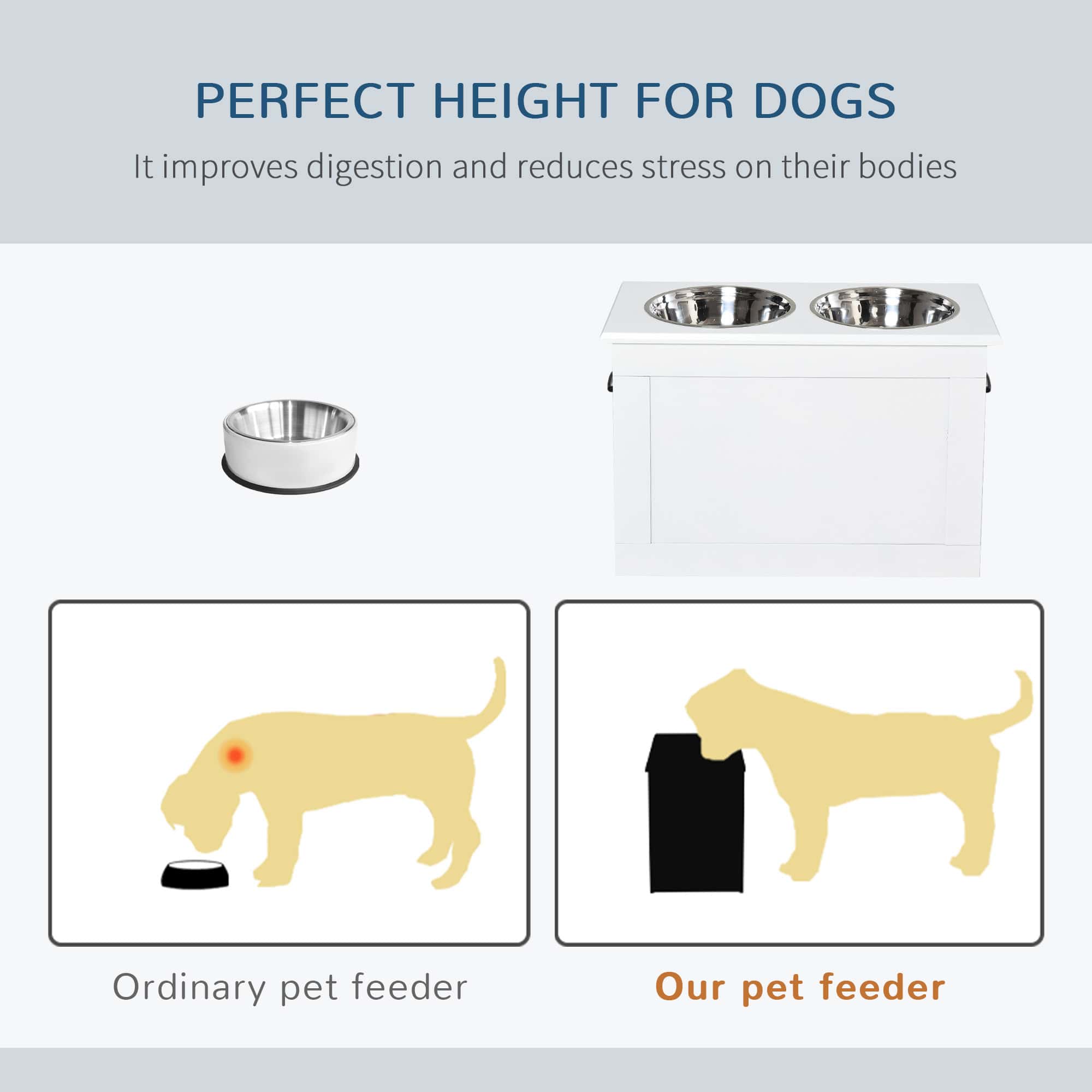 Large Elevated Pet Feeder with Storage Dog Pet Diner Function 2 Stainless Steel Dog Bowls Elevated Base for Large Dogs and Other Large Pet, White