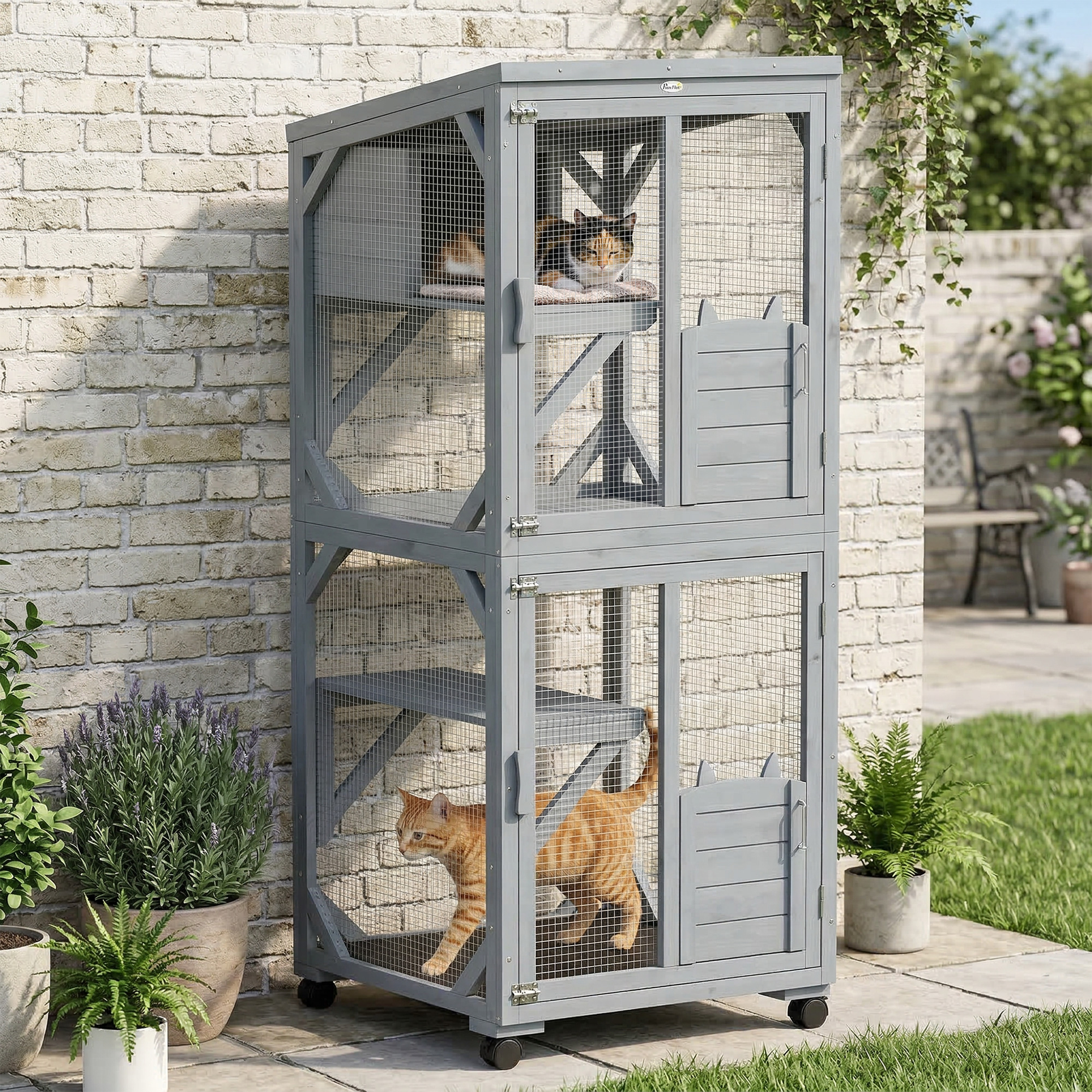 Movable Catio Outdoor Cat Enclosure with Resting Box, 3 Jumping Platforms, Waterproof Asphalt Roof for Outdoor Indoor