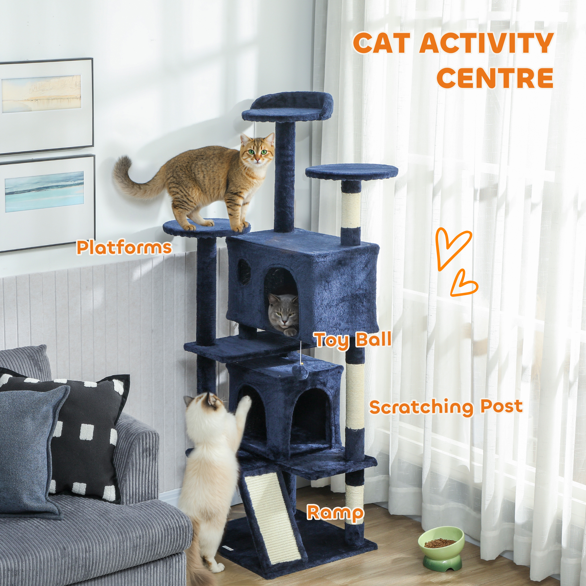 63" Cat Tree, Multi-Level Cat Tower with Scratching Posts, Cat Condos, Bed, Platforms, Ramp, Toy Ball, Dark Blue