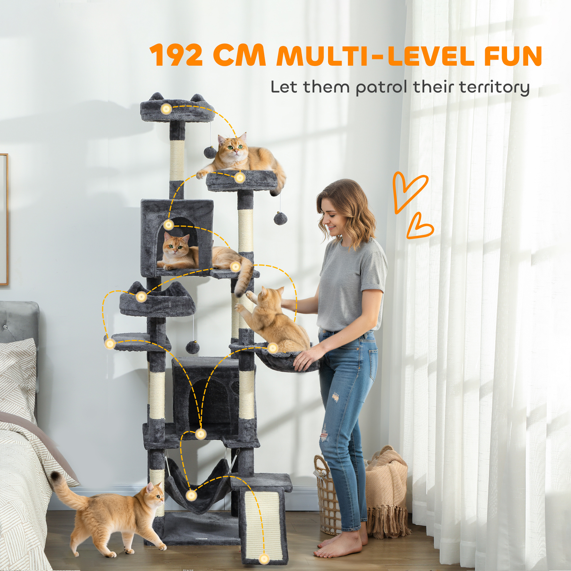 76" Large Cat Tree for Indoor Cats with 8 Scratching Posts, 3 Plush Beds, 2 Hammocks, 2 Large Condos, Ramp, Dark Grey
