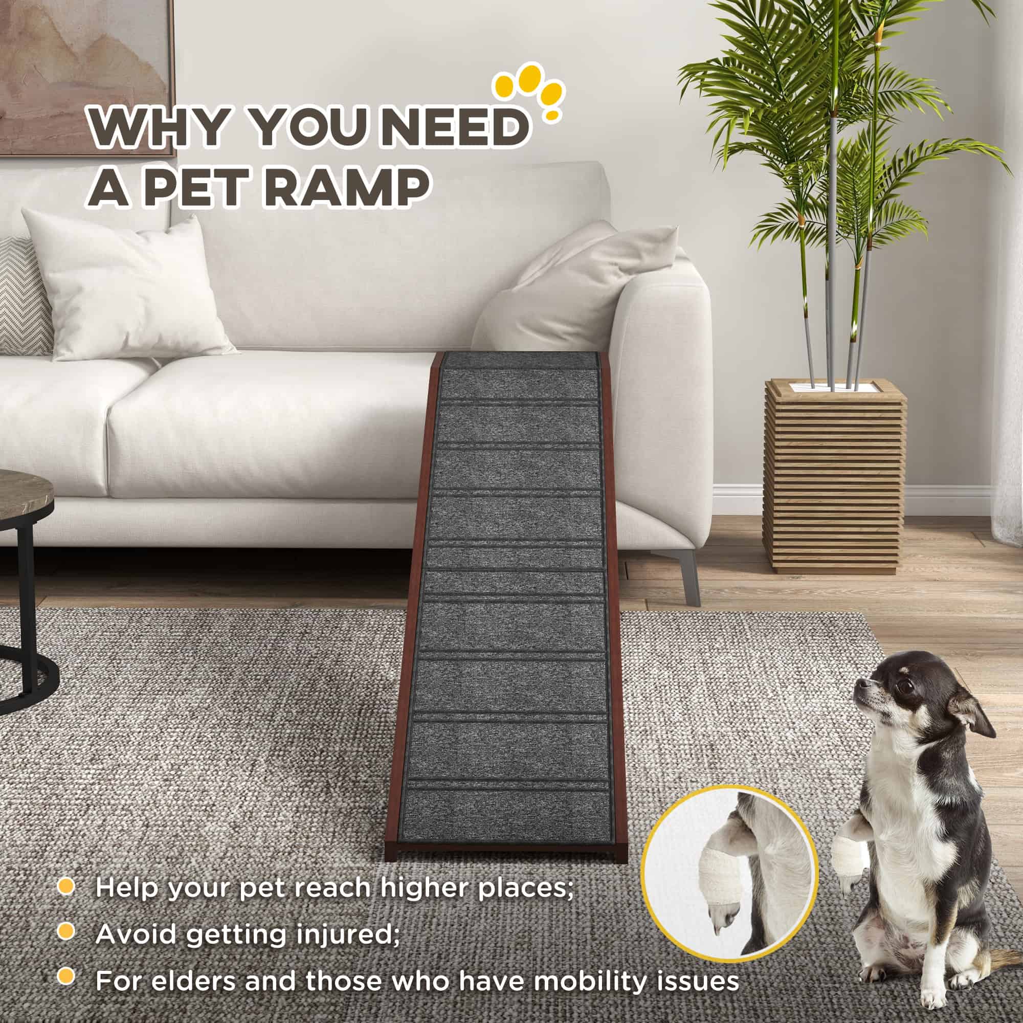 Pet Ramp Bed Steps for Dogs Cats Non-slip Carpet Top Platform Pine Wood 74"L x 16"W x 25"H Brown