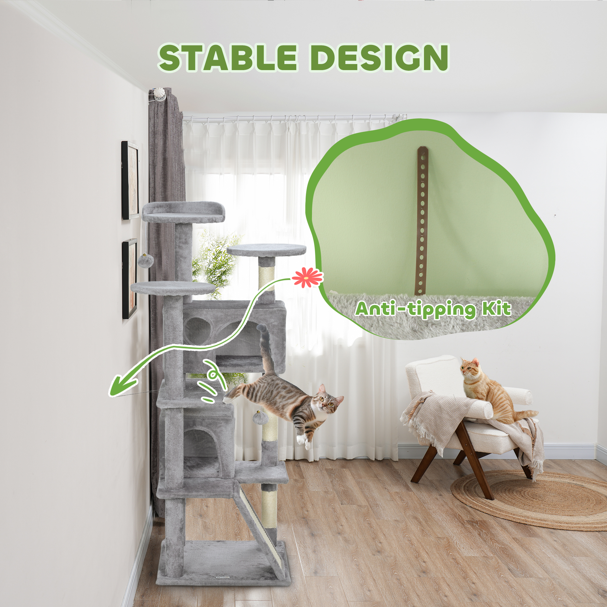 54" Cat Tree, Multi-Level Cat Tower with Scratching Posts, Cat Condos, Bed, Platforms, Ramp, Toy Ball, Light Grey