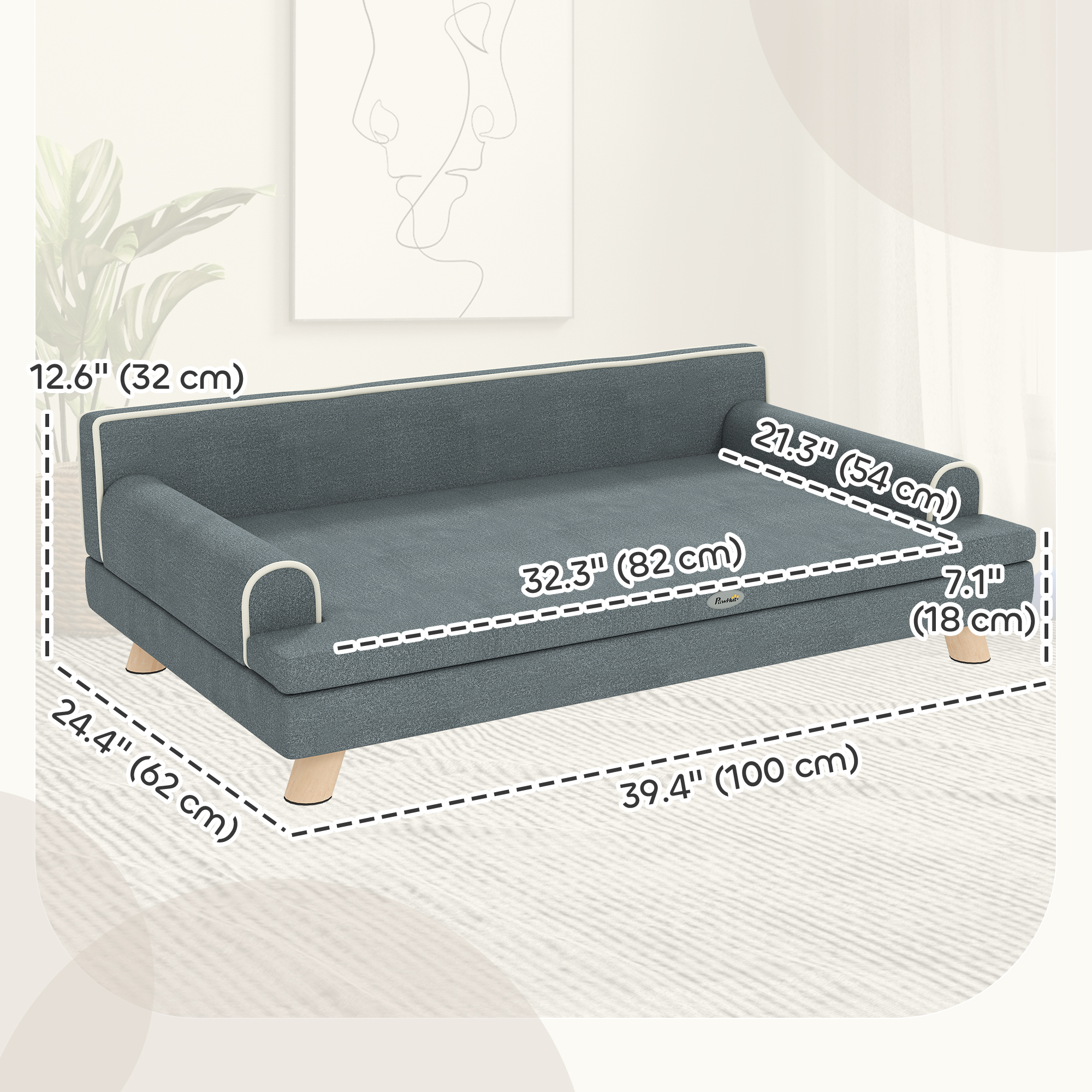 Elevated Dog Sofa Bed, Cat Couch with Cushion, Washable Cover, Wooden Legs, for Medium & Large Dogs, Dark Grey