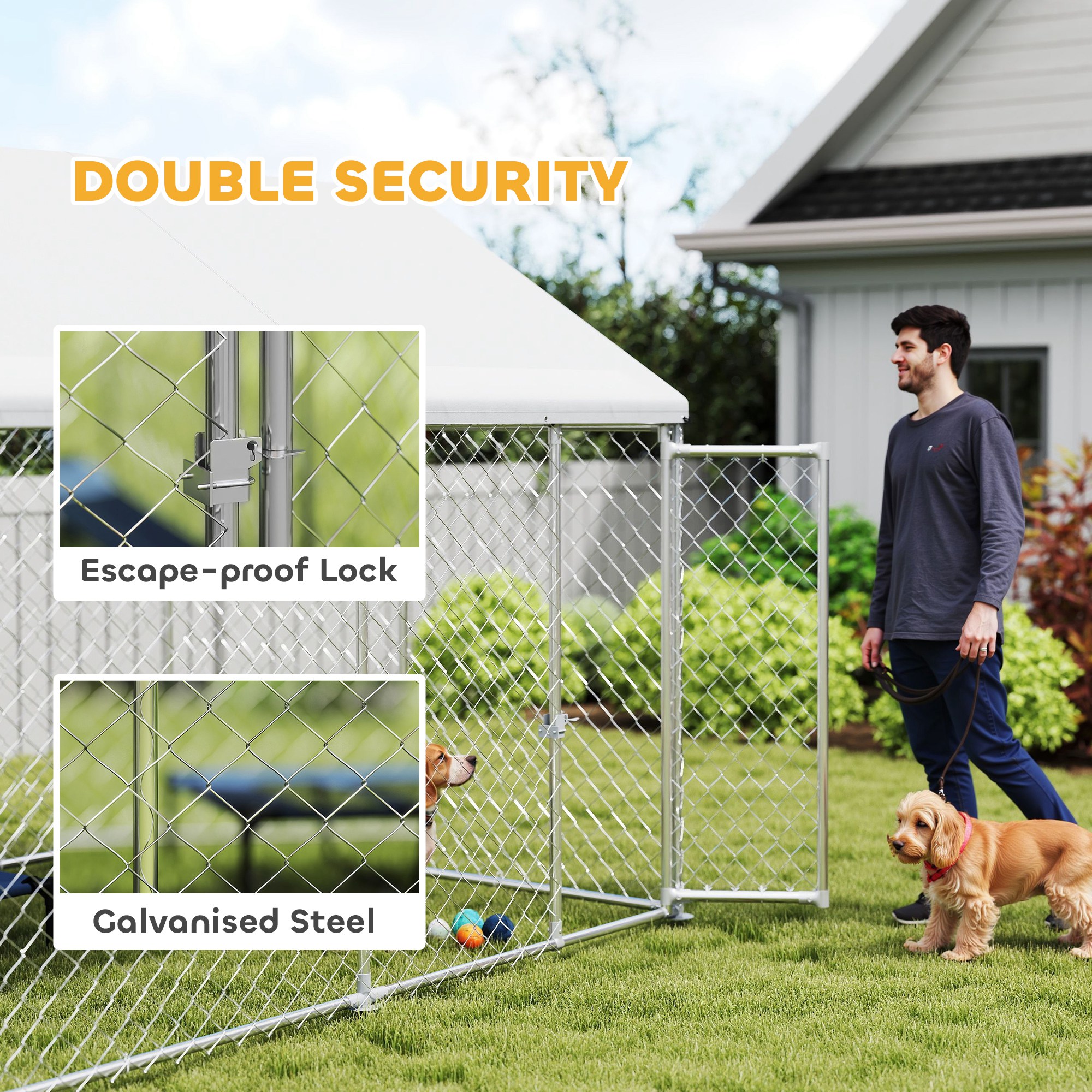 Heavy Duty Galvanized Steel Outdoor Dog Kennel with Waterproof Roof, Safety Lockable Latch System, 9.2' x 7.5' x 7.2'