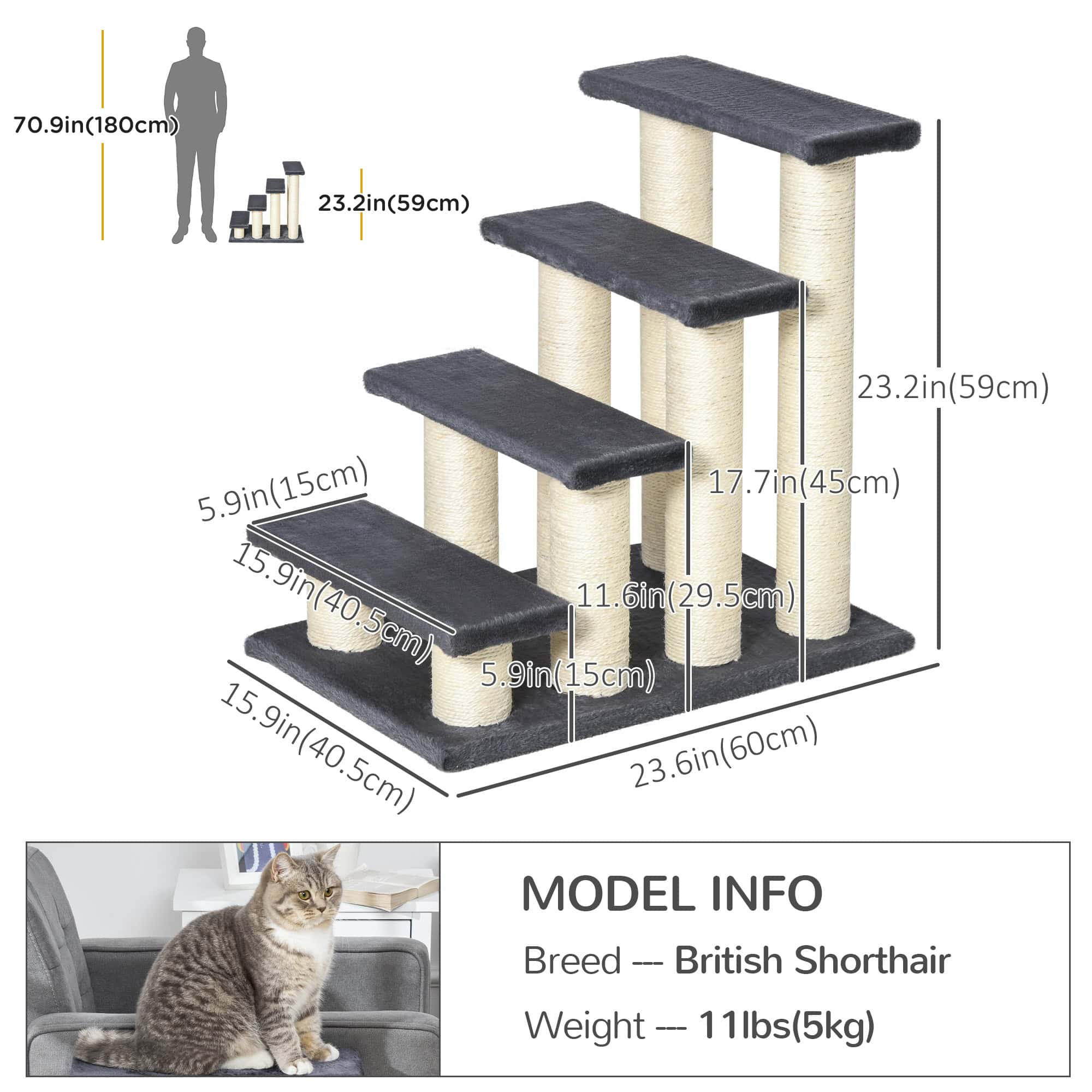 Cat Trees 4 Tier Pet Stairs Dog Cat 4 Steps Kitty Scatching Post Cat Scratch Furniture Dark Grey