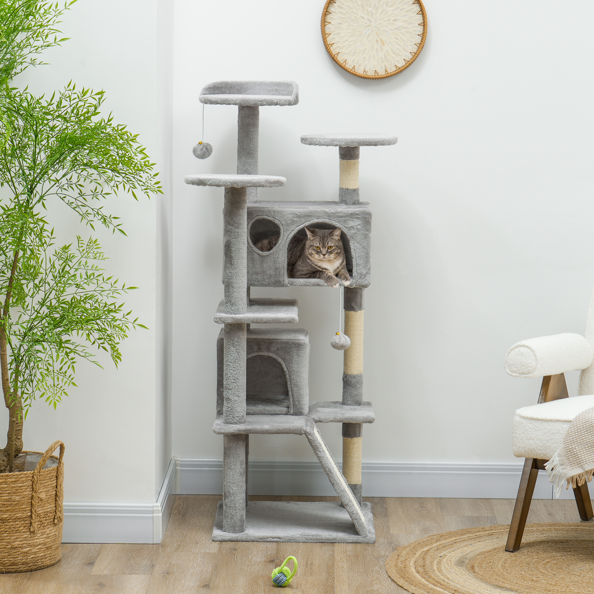 54" Cat Tree, Multi-Level Cat Tower with Scratching Posts, Cat Condos, Bed, Platforms, Ramp, Toy Ball, Light Grey