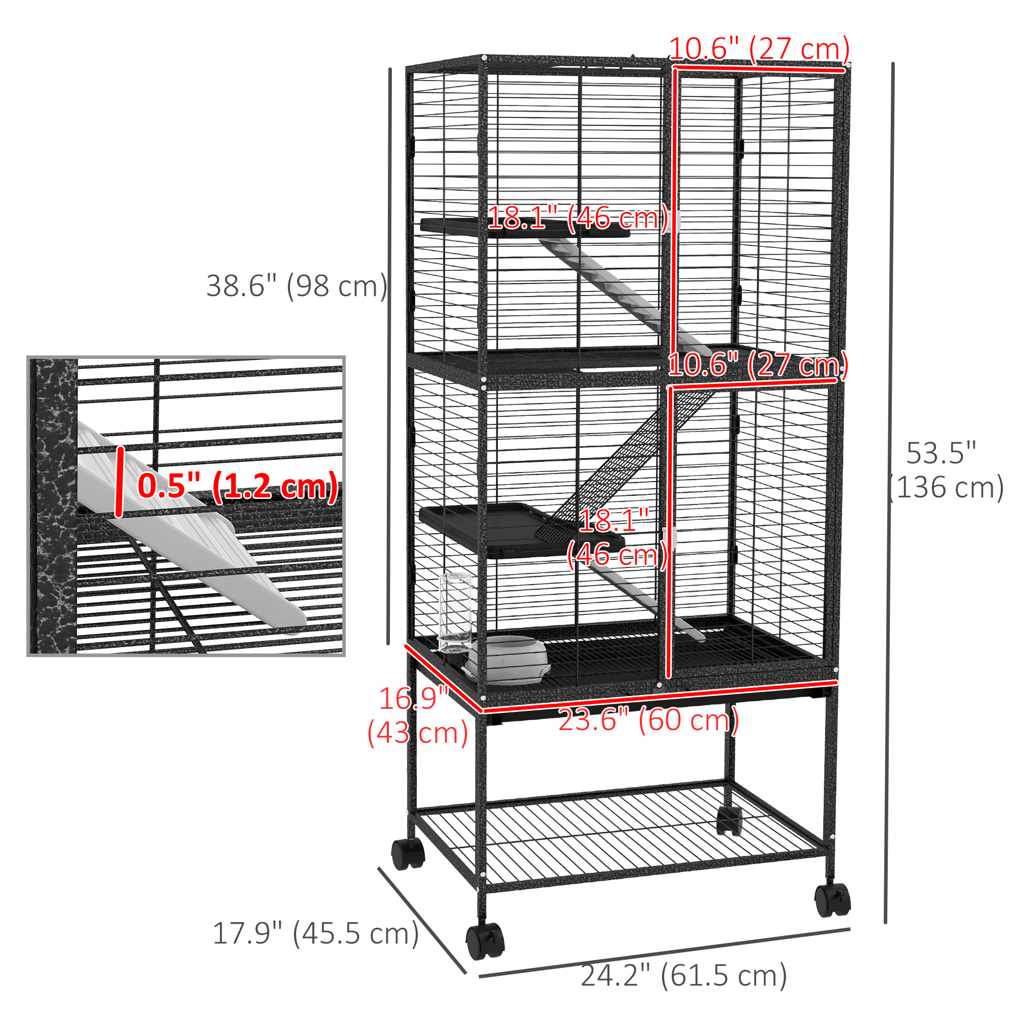 Rolling Small Animal Cage 53.5"H Chinchilla Cage for Ferrets, Squirrels w/ Removable Tray, Storage Shelf, Dark Grey - Image 3