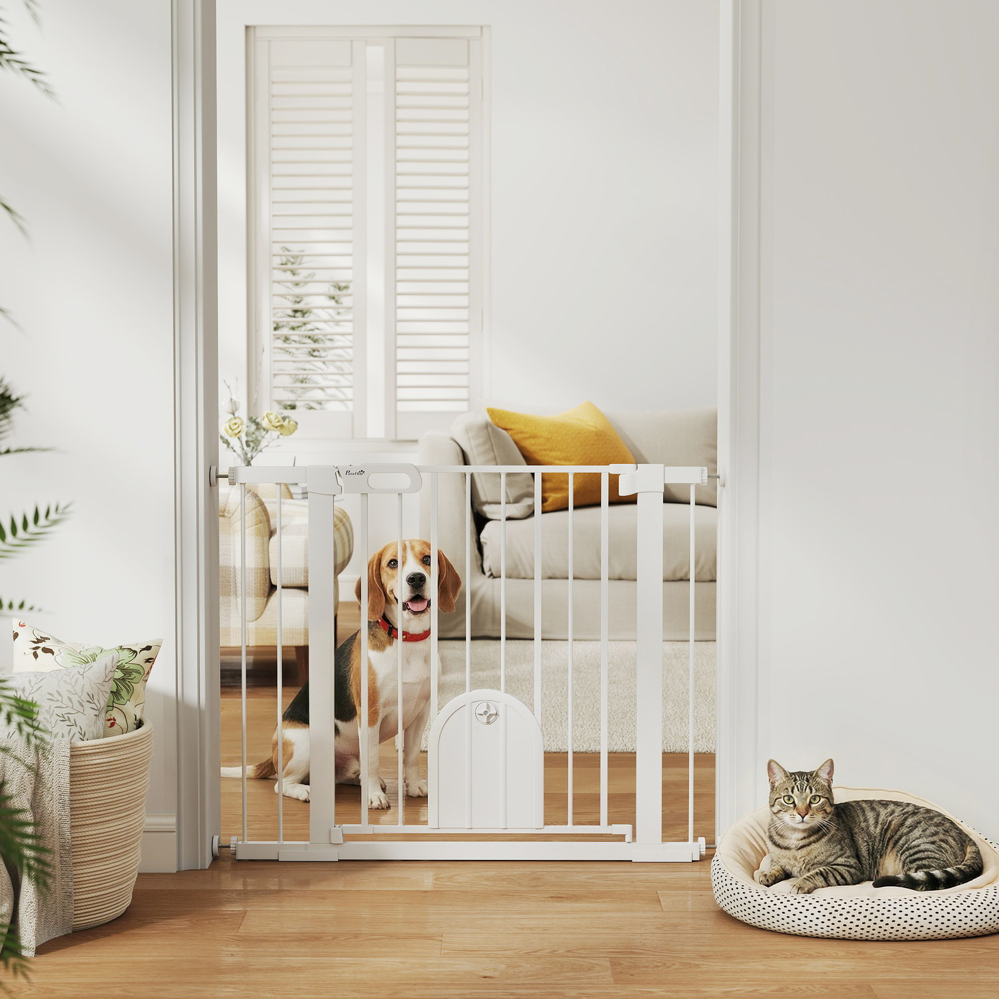30"-41" Extra Wide Pet Gate Barrier with Small Door, 30"H Dog Gate with Safety Gate Barrier, Stair Pressure Fit, White