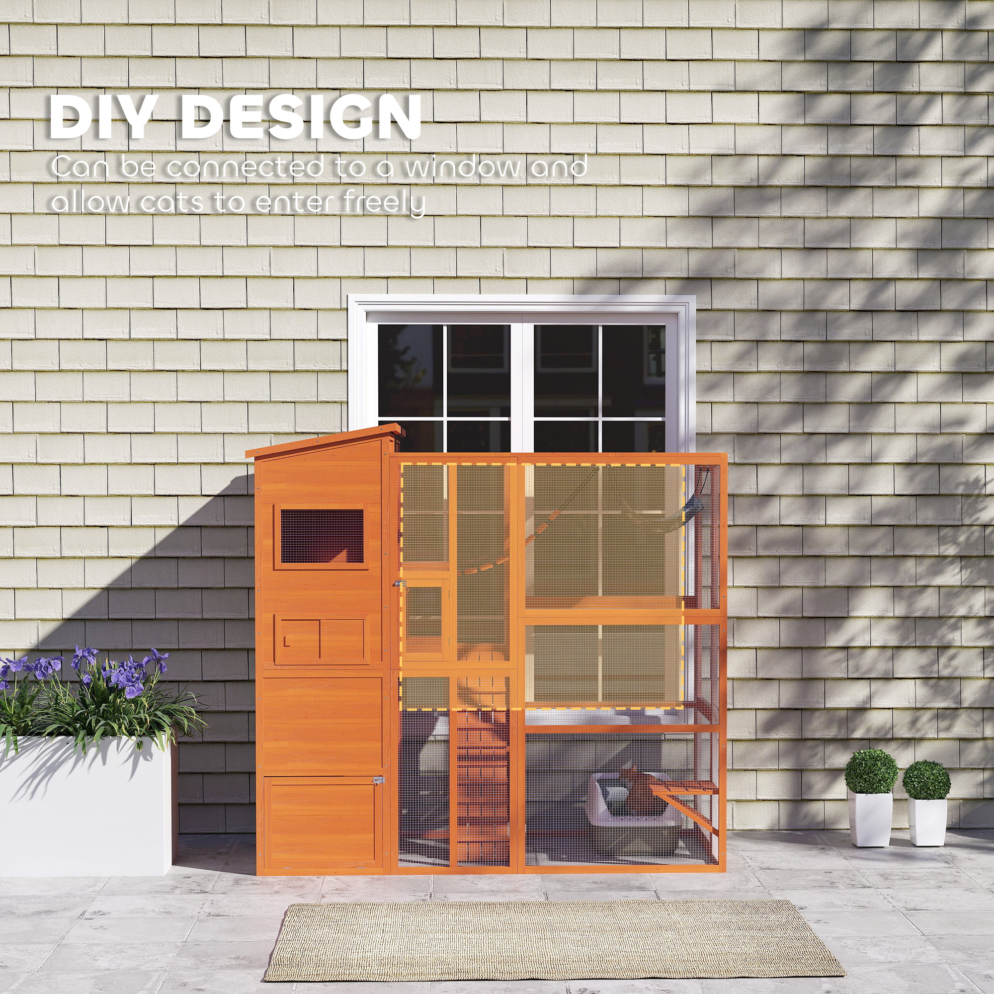 76" Catio Outdoor Cat Enclosure with Cat Condo, Jumping Platforms, Ladder, Ramps, Hammock for 2-3 Indoor Cats, Orange