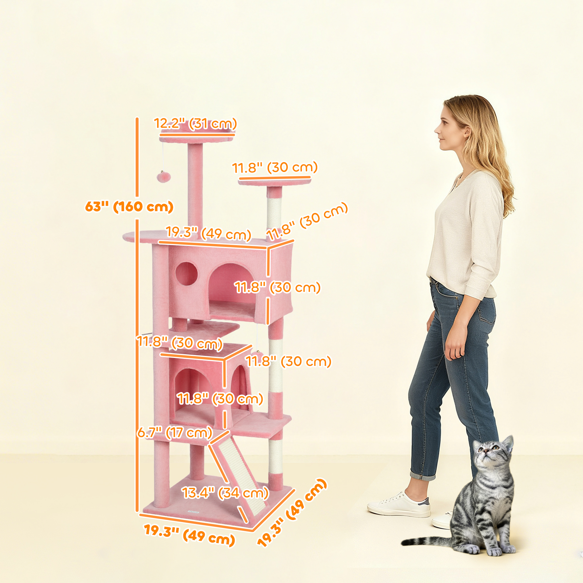 63" Cat Tree, Multi-Level Cat Tower with Scratching Posts, Cat Condos, Bed, Platforms, Ramp, Toy Ball, Pink