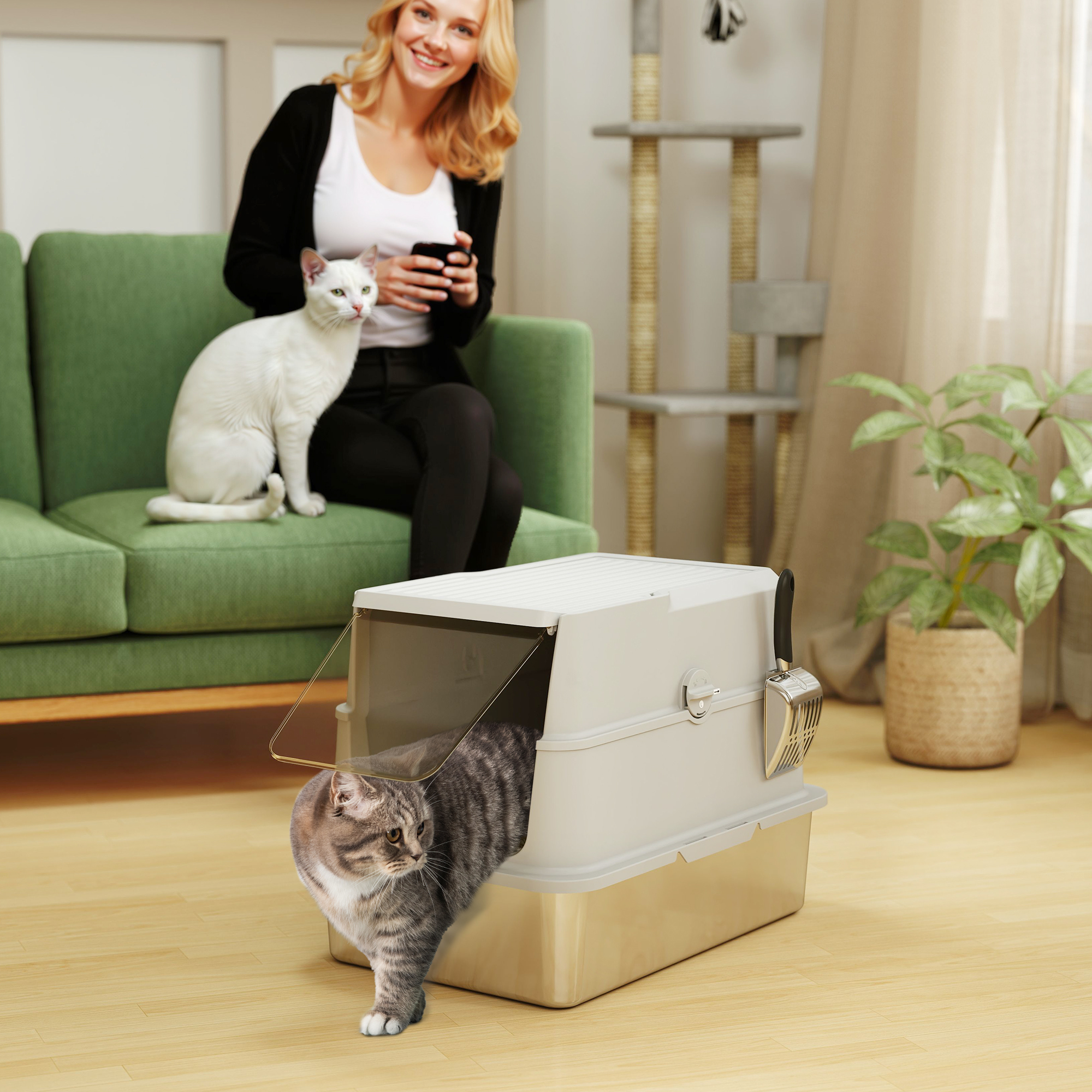 XL Stainless Steel Cat Litter Box for Big Cats with Flip Top, Scoop, Easy Clean & No Odors, Non-Sticky