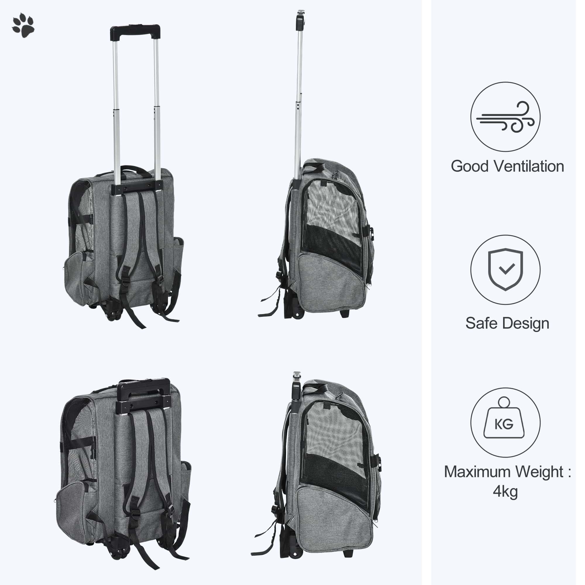 2-IN-1 Pet Luggage Box Backpack Carrier Cats Dogs w/ Handle, Rolling Wheel Grey - Image 7