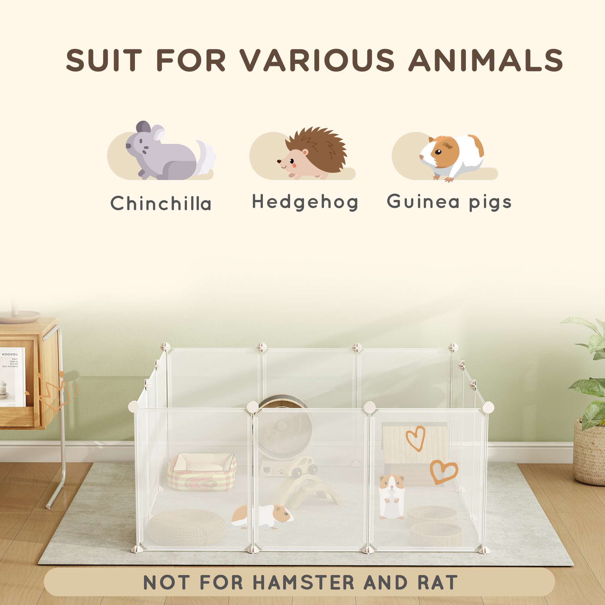 Small Animal Cage Plastic Chinchilla Cage 12 Panels for Guinea Pig, 18" x 14", White