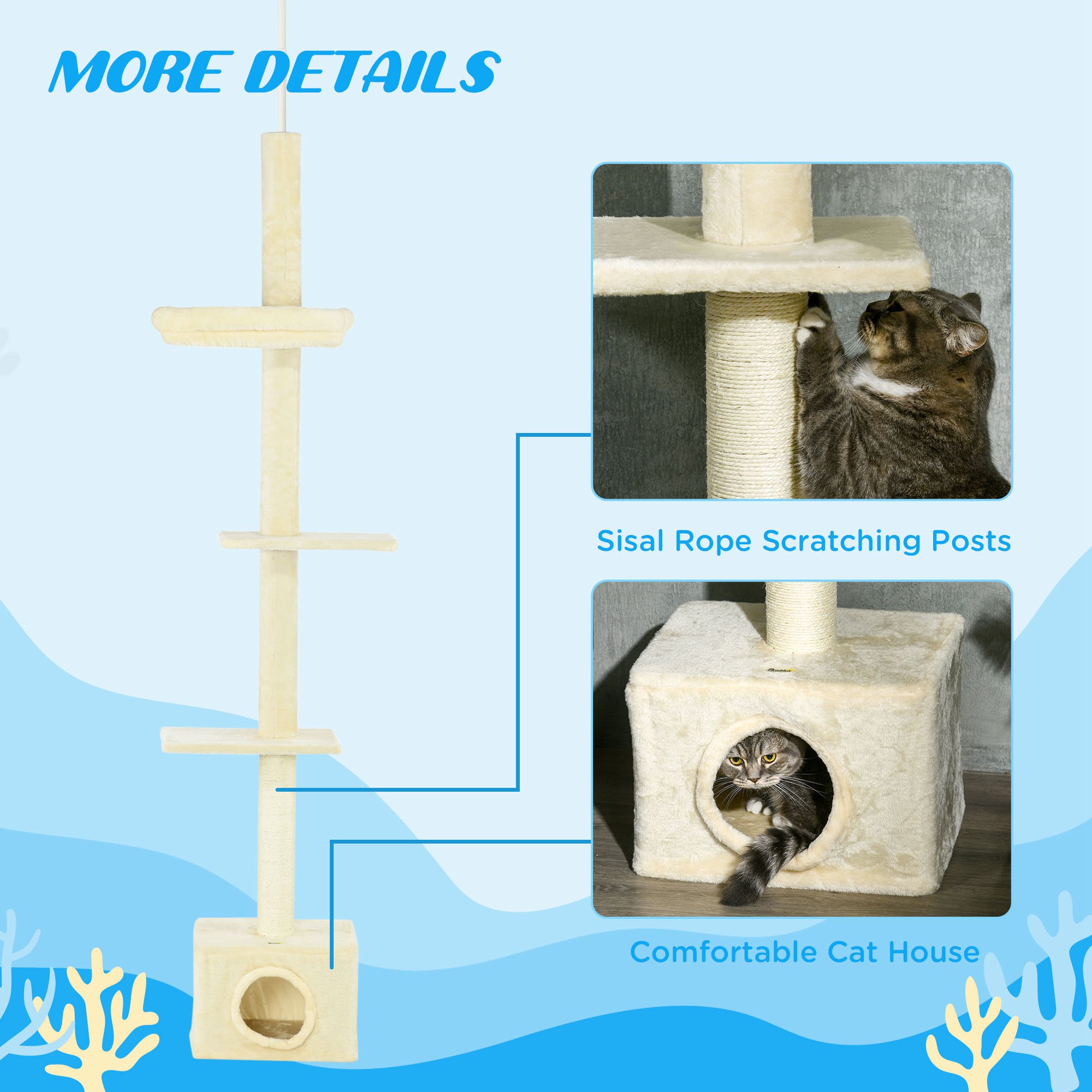 Floor to Ceiling Cat Tree with Scratching Post for Indoor Cats, Adjustable Height Cat Tower (91-102 Inches) with House, Bed, Beige - Image 6