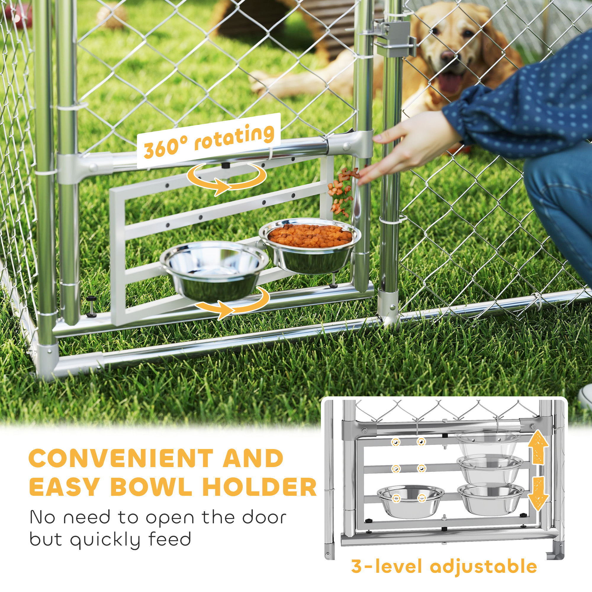 Outdoor Dog Run with Adjustable & Rotatable Bowls, Waterproof UV-Resistant Cover, Escape-Proof Lock, 13.1' x 7.5' x 7.5'