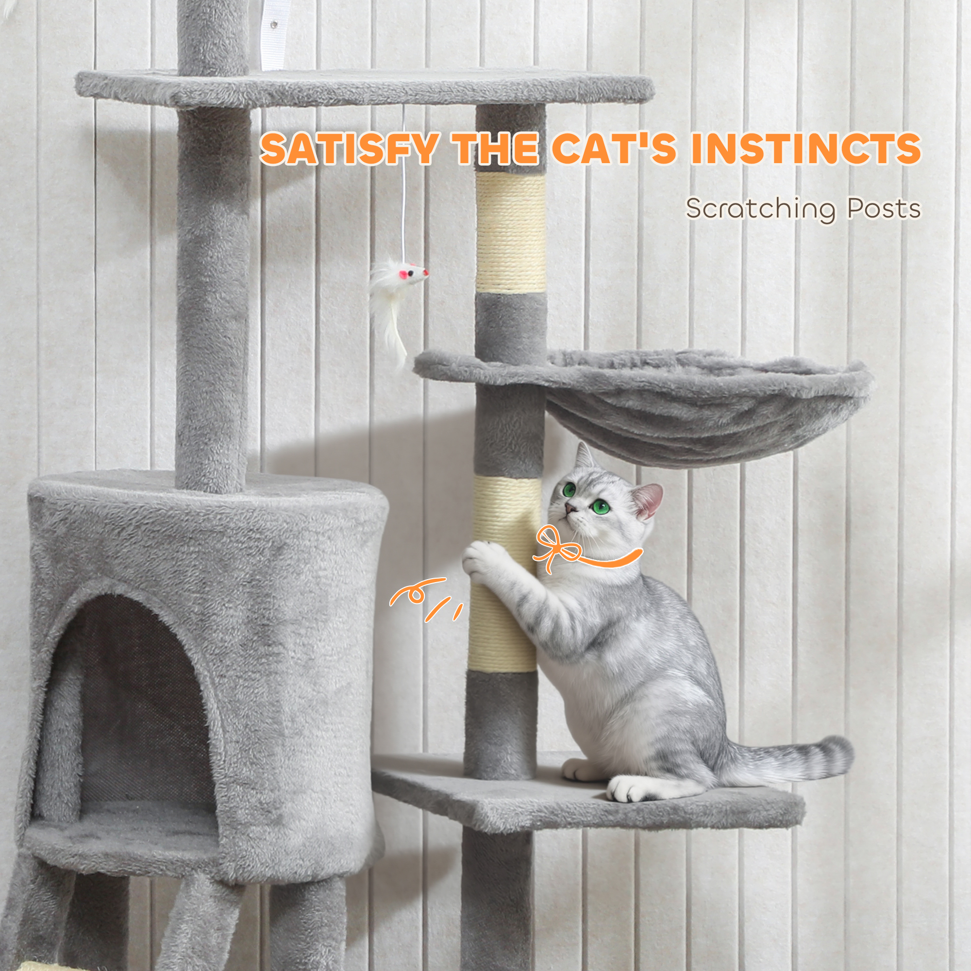 53" Cat Tree Tower, Kitten Activity Centre with Scratching Posts, Condo, Perches, Ladder, Hammock, Dangling Toys, Grey