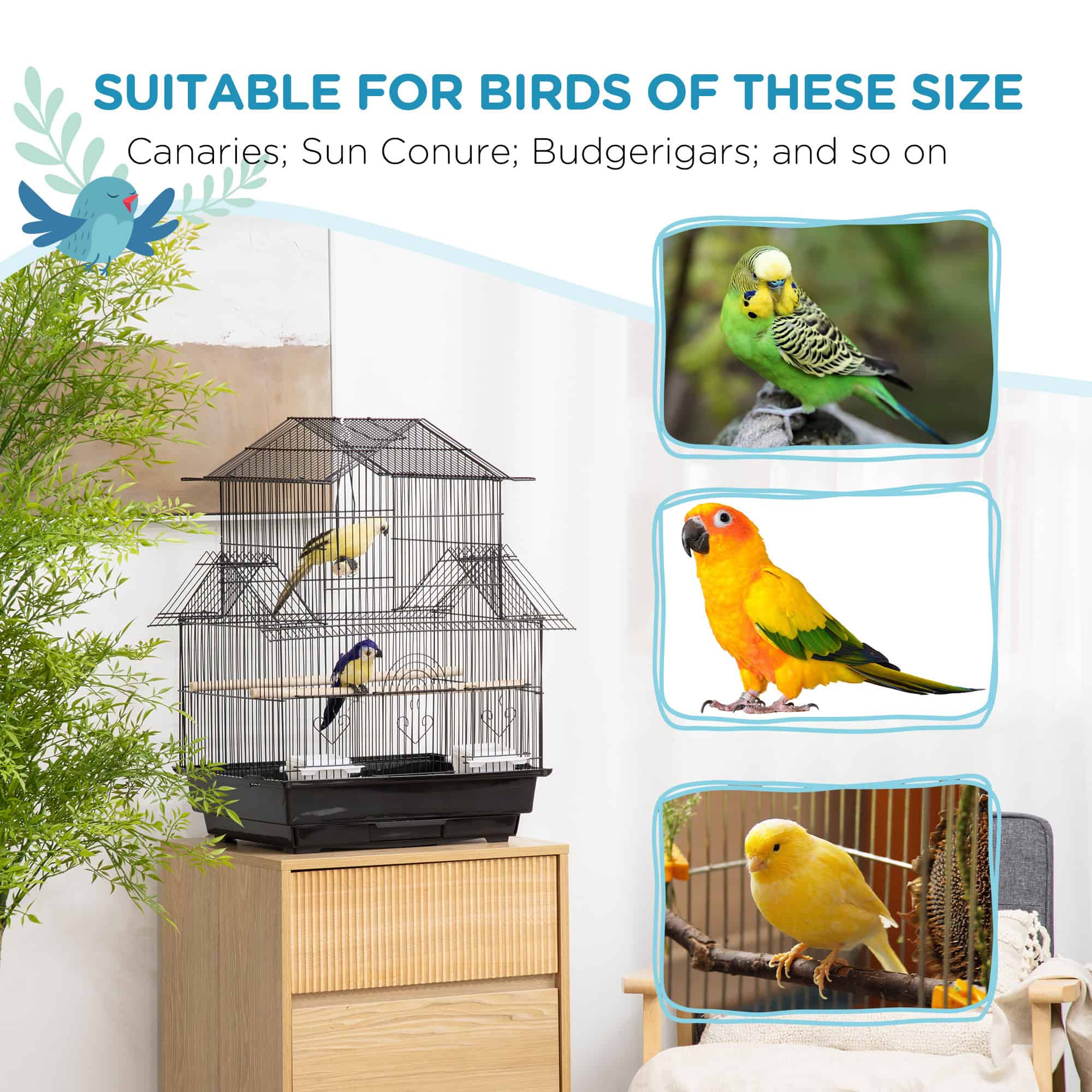 25" Bird Cage with Perch, Swing, Food Container, Slide-out Tray, Handle, Parrot Cage for Finches, Canaries, Budgies - Image 7