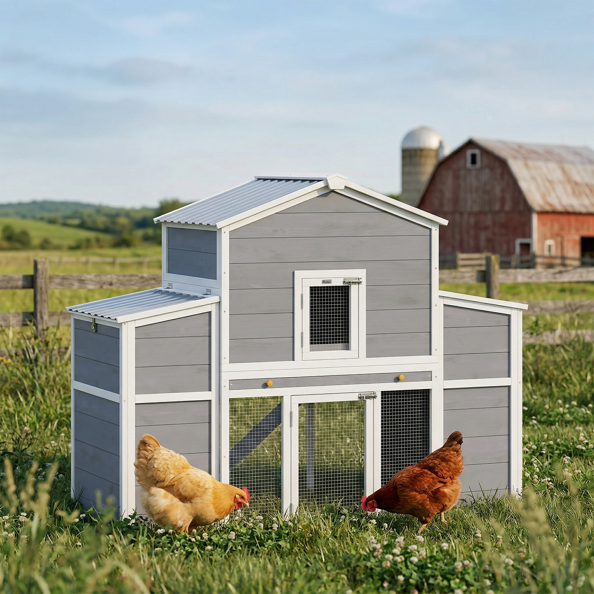 66.5" Large Chicken Coop, Wooden Chicken House with 2 Nesting Boxes, Sliding Tray & Ramp, for Outdoor Backyard Farm
