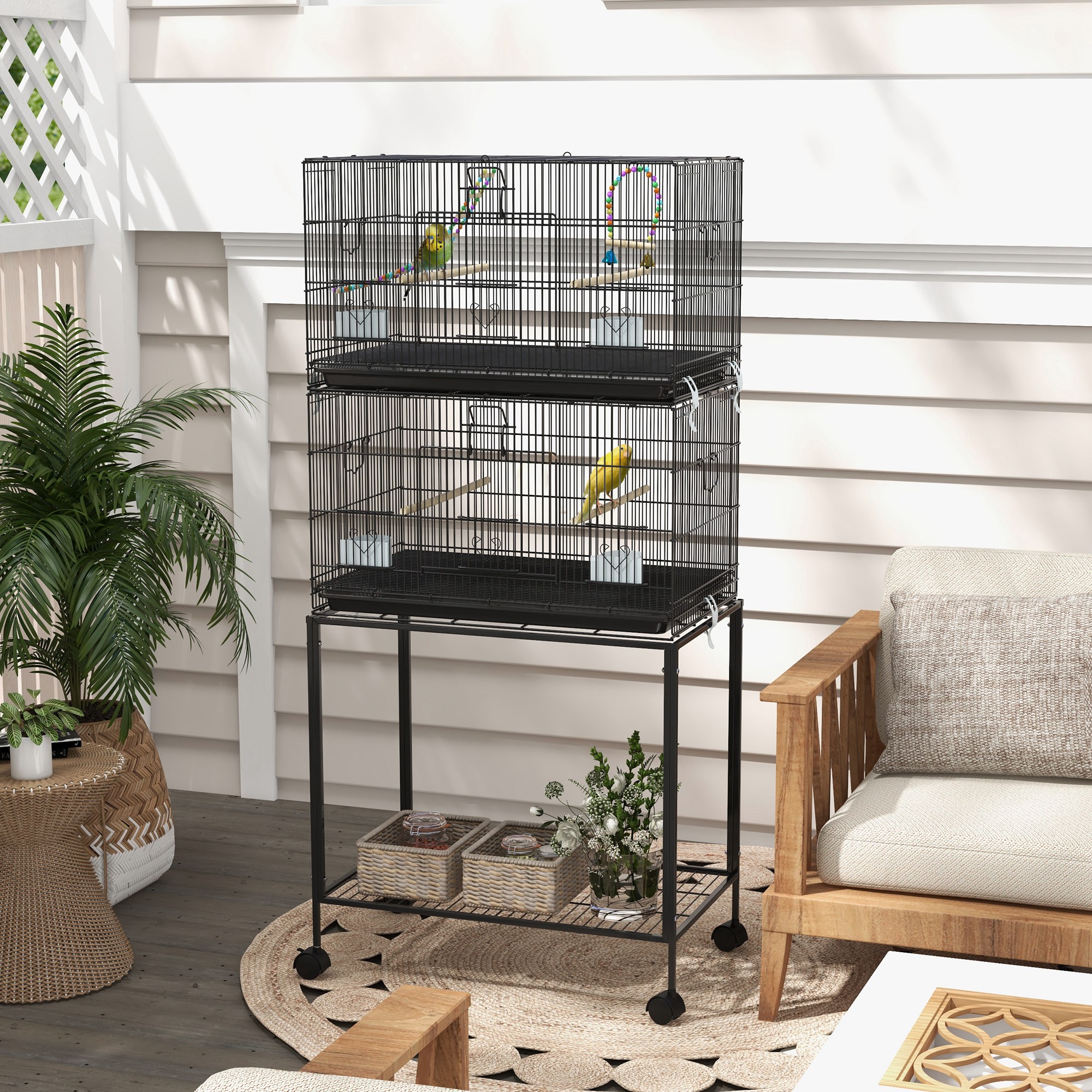 65" Birdcage for Canaries, Lovebirds Finches, Budgie Cage with Wheels, Black
