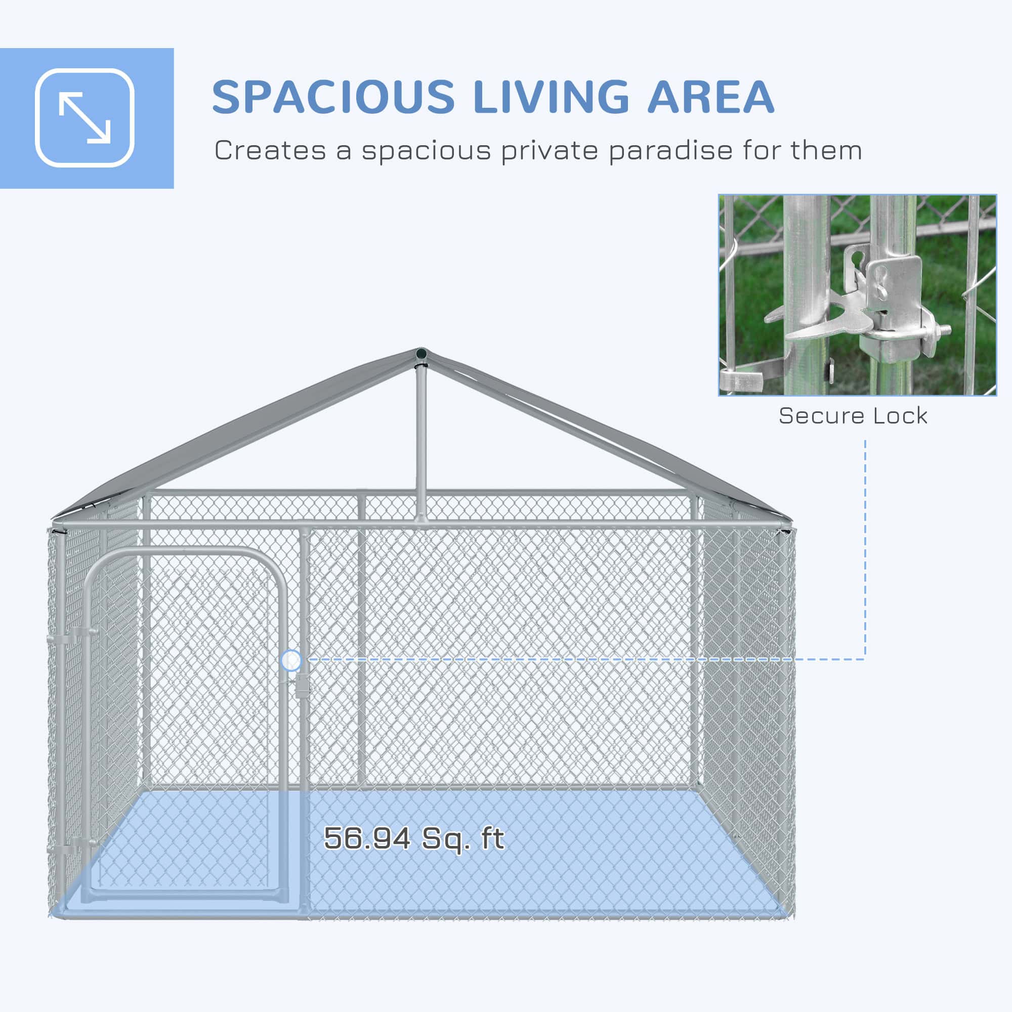 Outdoor Dog Kennel with Roof, Dog Run with Waterproof & UV-Resistant Cover, Secure Lock, for Backyard & Patio, 7.5' x 7.5' x 5.7' - Image 4
