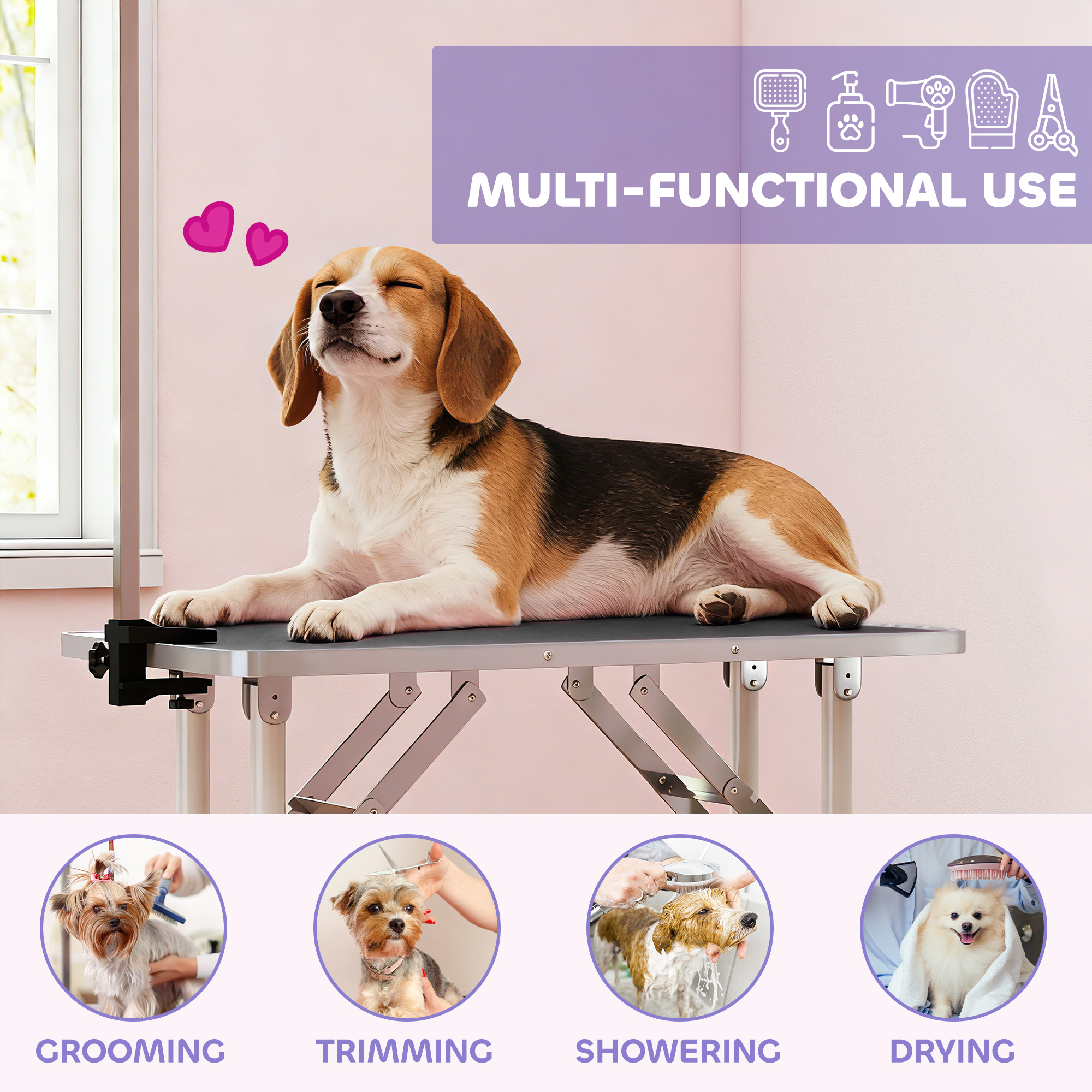 Foldable Pet Grooming Table for Dogs Cats with Adjustable Arm, Non-slip Surface, Black