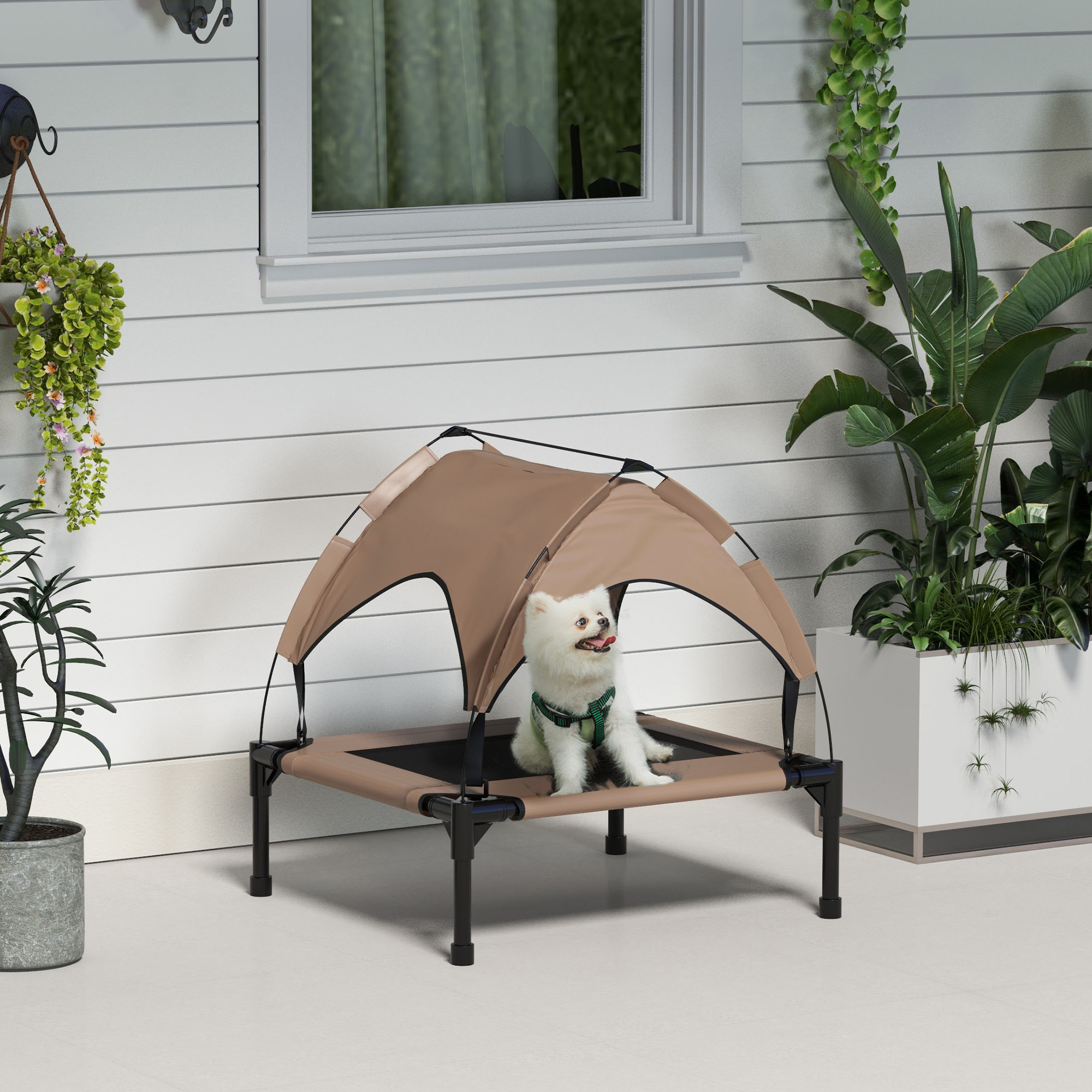 Raised Dog Bed Cooling Dog Cot w/ Canopy Washable Breathable Mesh, for Small and Medium Dogs, Coffee