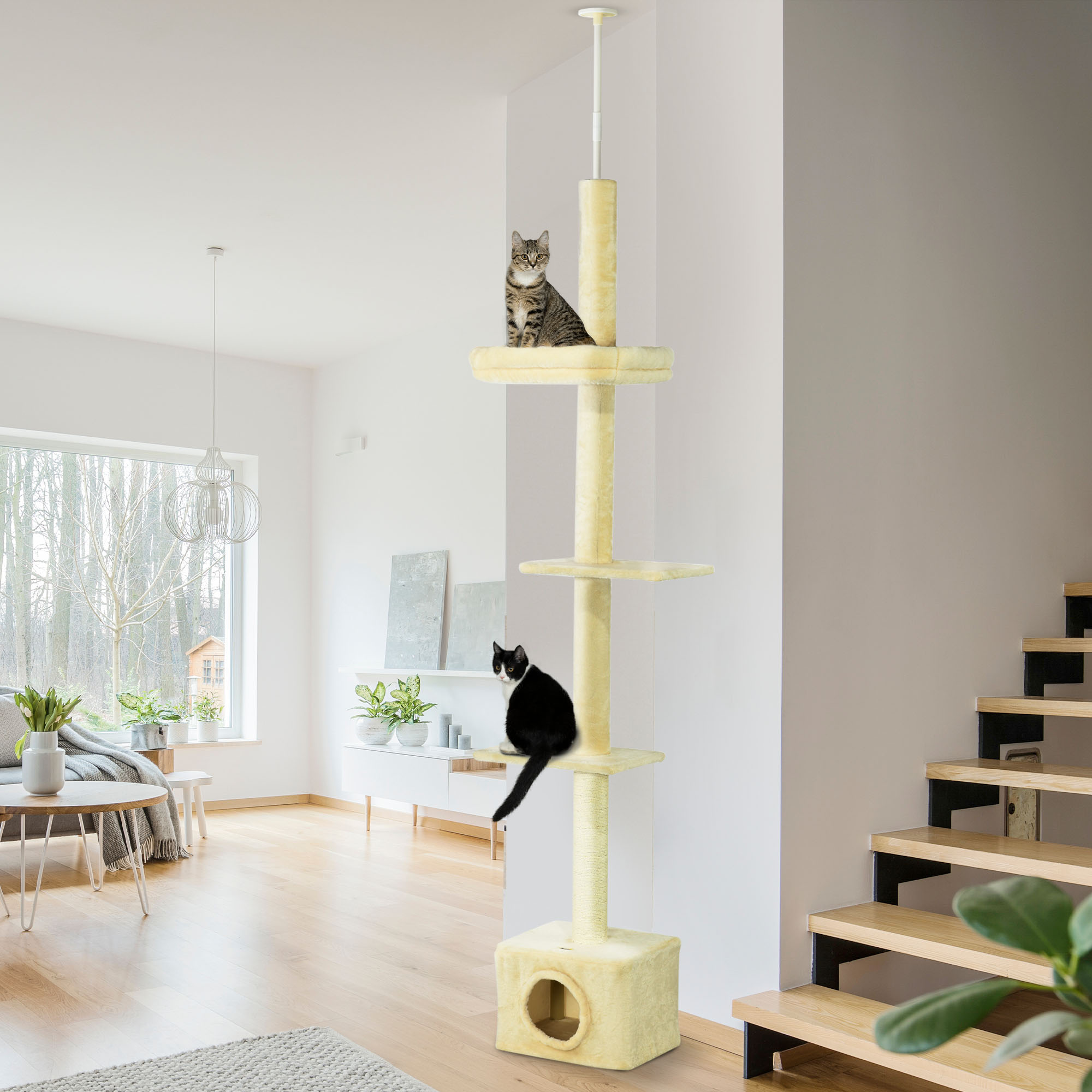 Floor to Ceiling Cat Tree with Scratching Post for Indoor Cats, Adjustable Height Cat Tower (91-102 Inches) with House, Bed, Beige - Image 8