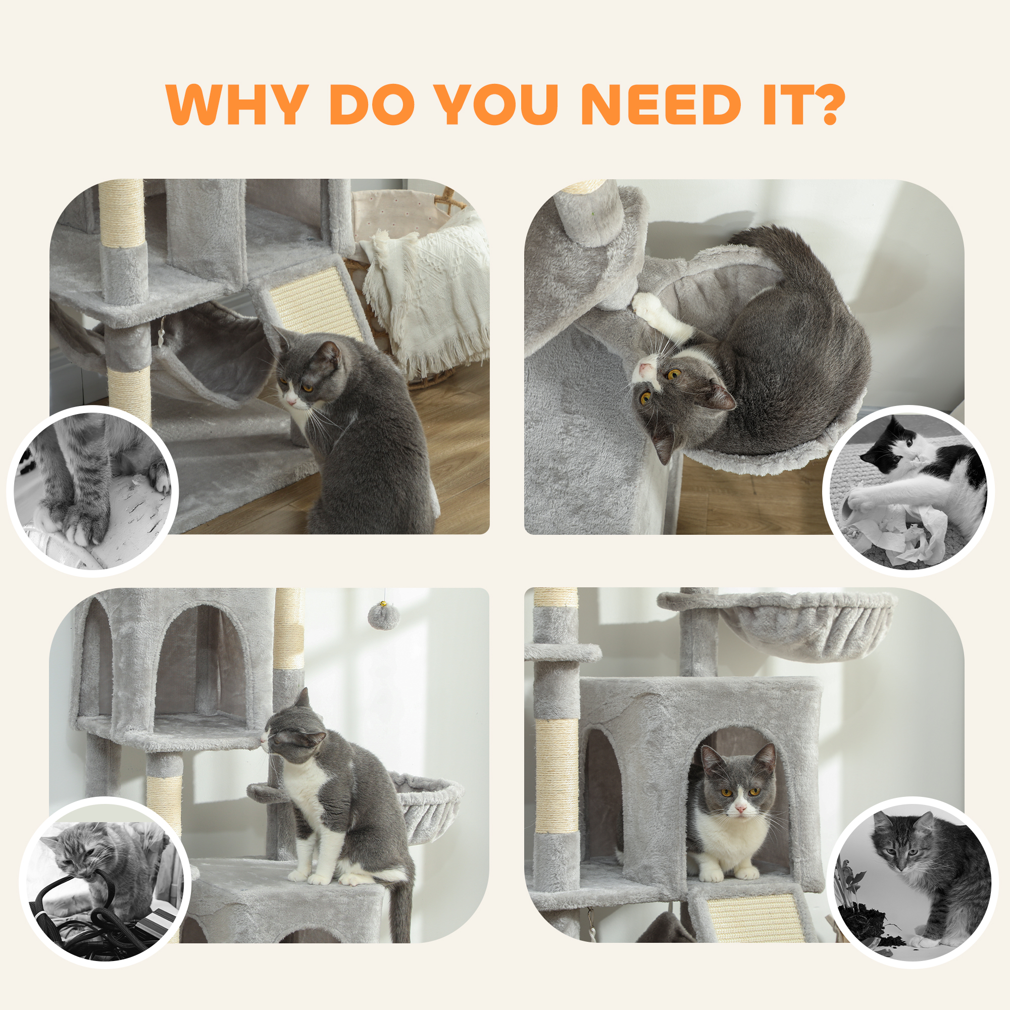 Cat Tree, 70" Multi-Level Cat Tower with 2 Condos, 2 Beds, Hammock, Toy Balls, Scratching Posts and Board, Light Grey
