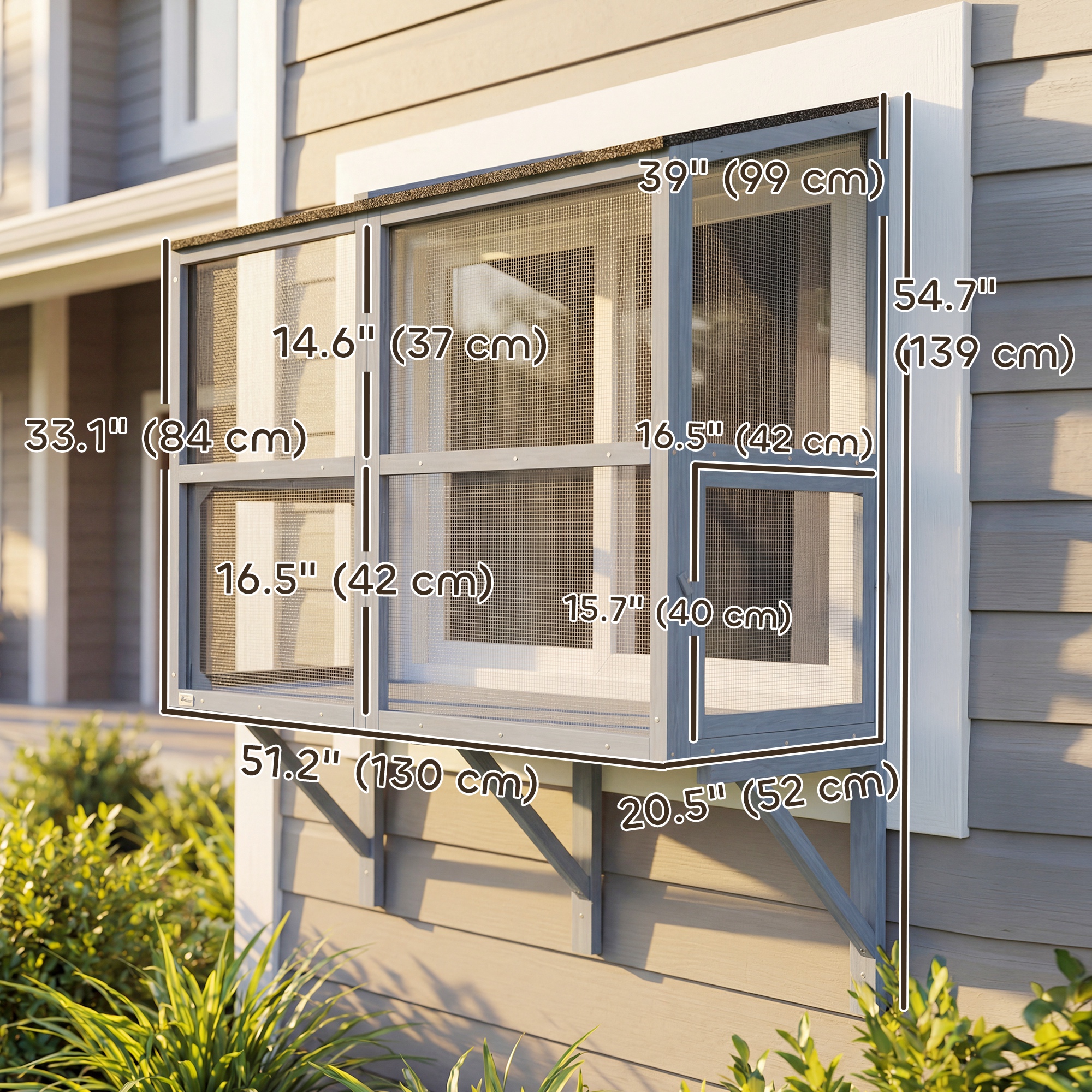 Catio Outdoor Cat Enclosure Wall-Mounted 2-Level Outdoor Cat House with Waterproof Roof 51.2" Grey - Image 3