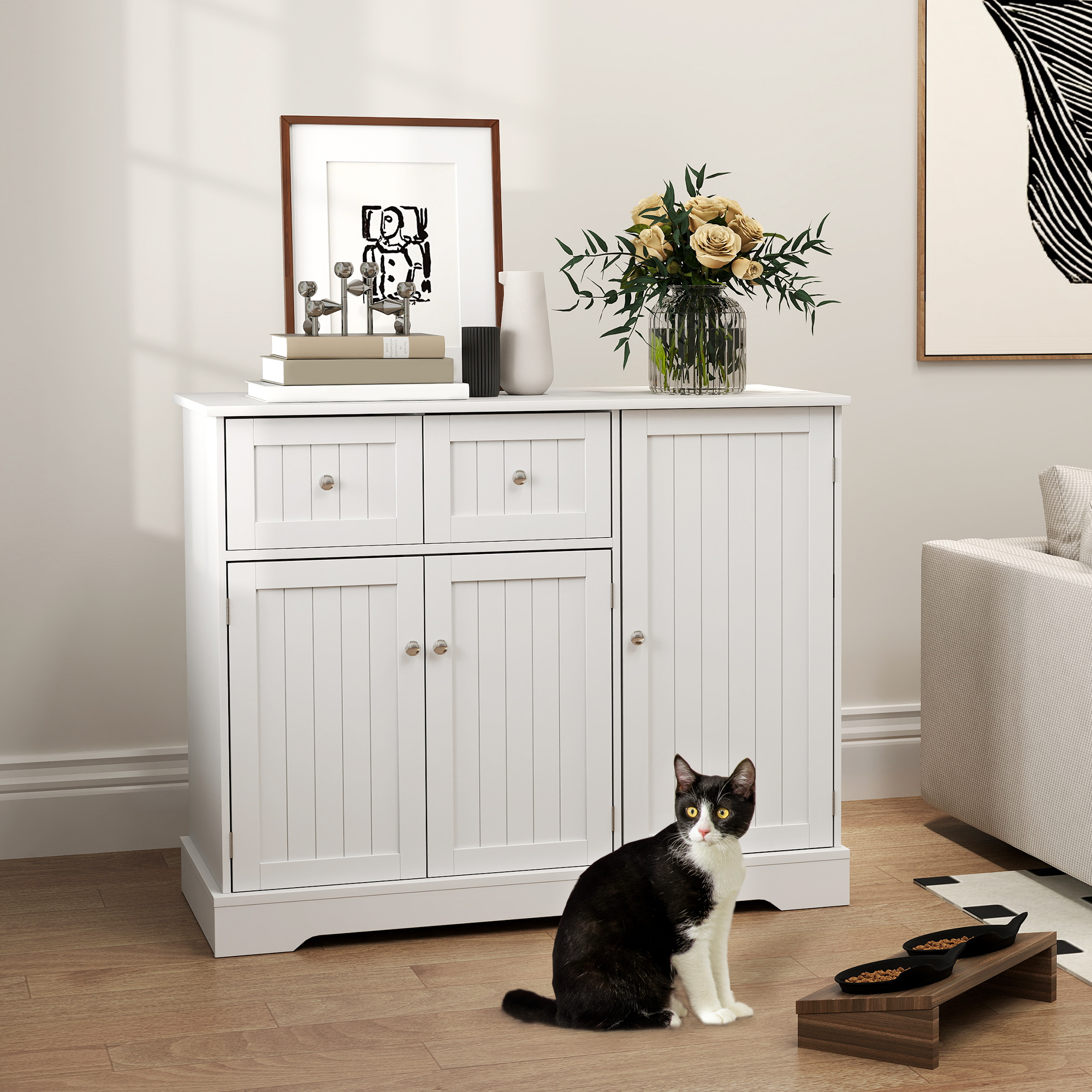 Cat Litter Box Enclosure with Drawer, Storage, Anti-tip Kit, for Living Room, Bedroom, White