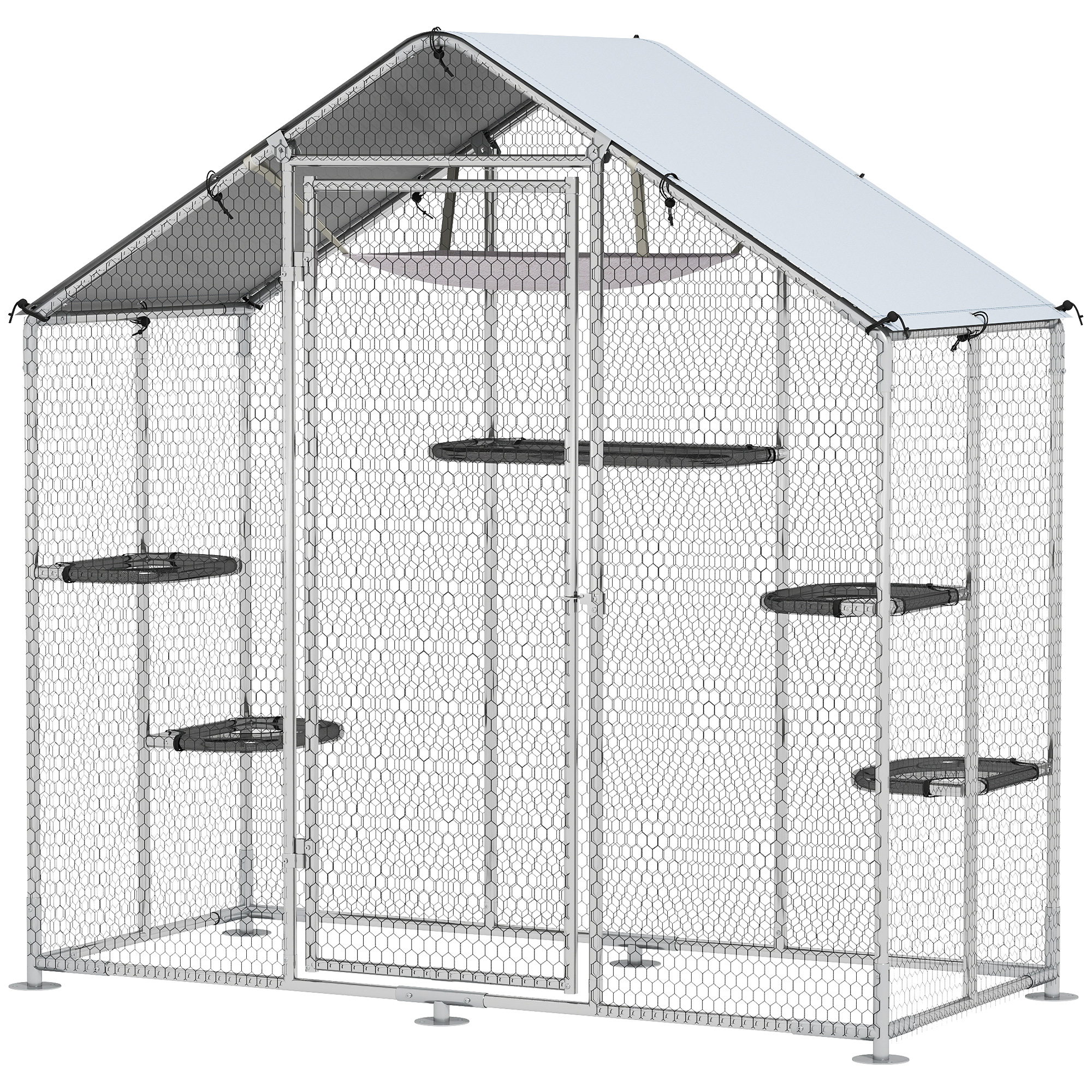 Large Catio Outdoor Cat Enclosure with Waterproof Cover, Walk-in Cat Patio w/ 5 Adjustable Platforms & Hammock 79" W