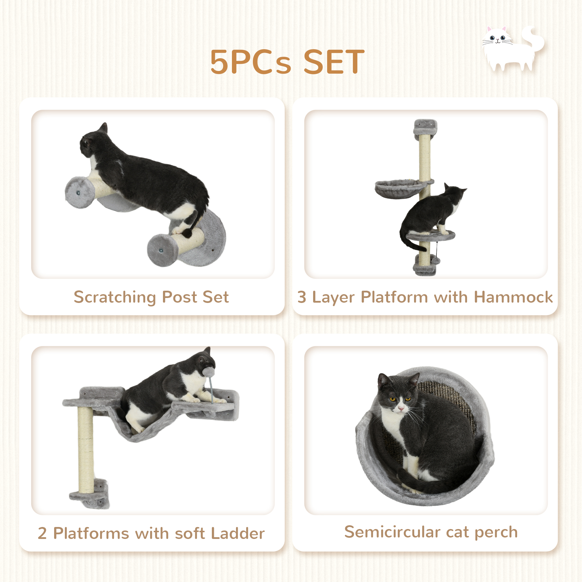 5PCs Cat Wall Shelves with Hammock, Scratching Posts, Perches, Ladder, for Indoor Cats, Light Grey - Image 5