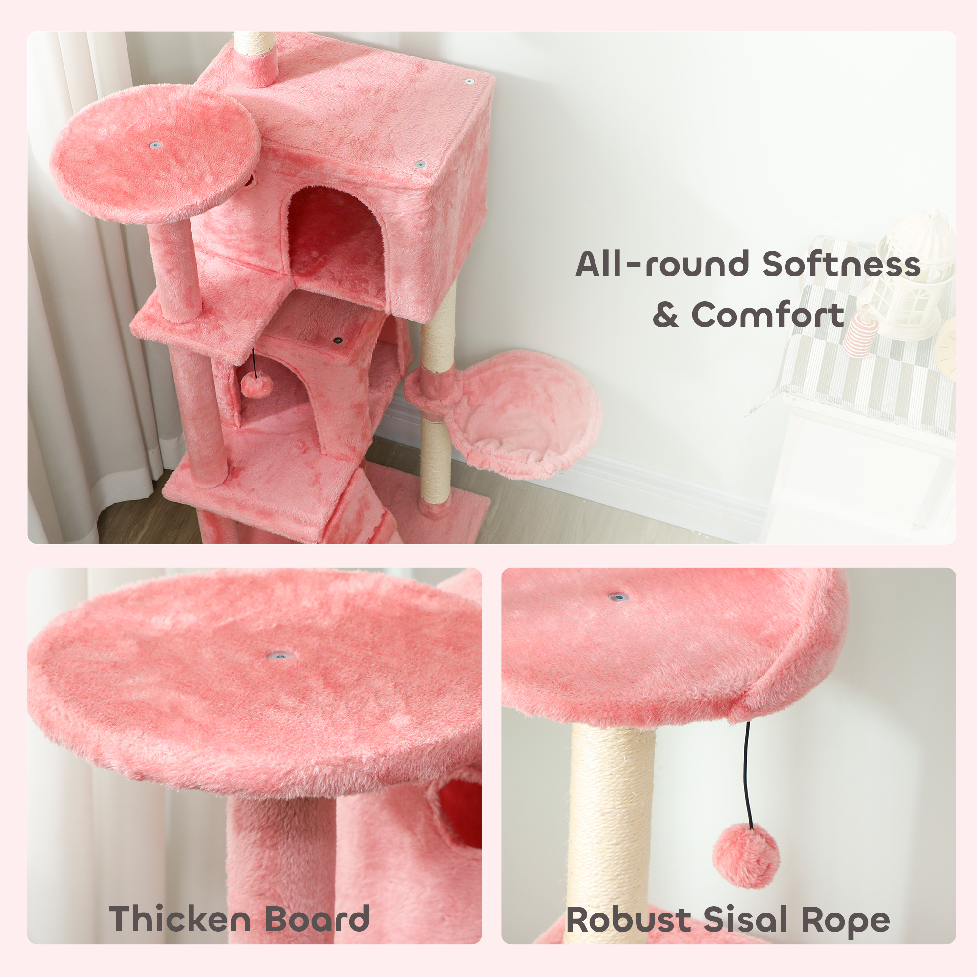 63 Inch Cat Tree with Sisal Scratching Posts, Condos, Plush Perches, Hammock, Ladder, Dangling Balls, Pink