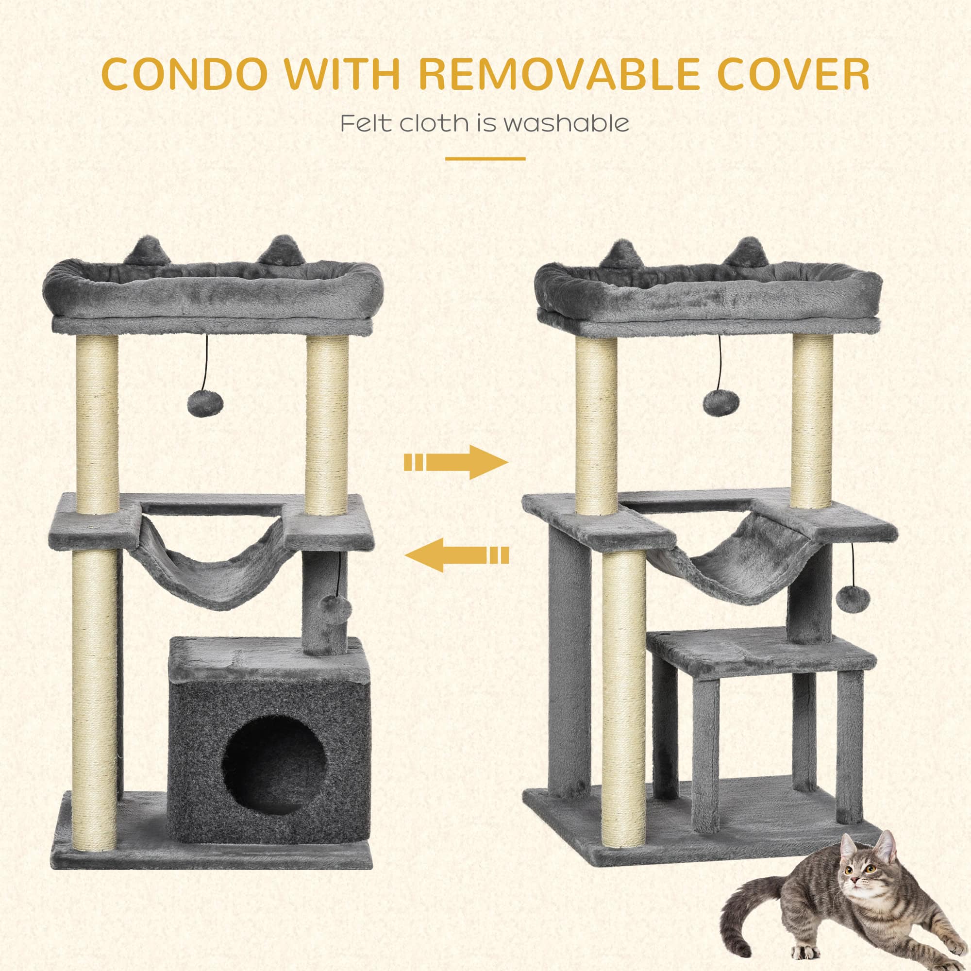 39.25'' Cat Tree Tower Multi-Level Kitten House with Scratching Post Condo Hammock Bed Ball Toy - Grey